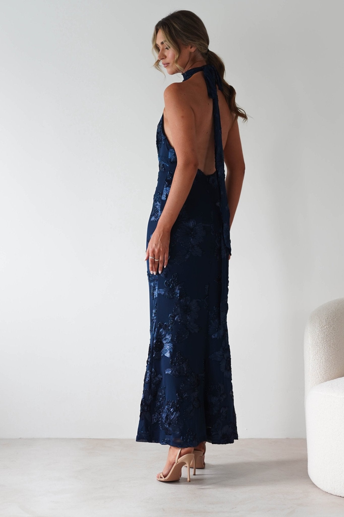 Halsey Tie Back Maxi Dress Navy Textured | Wedding Guest Dress | Maxi | Oh Hello Clothing
