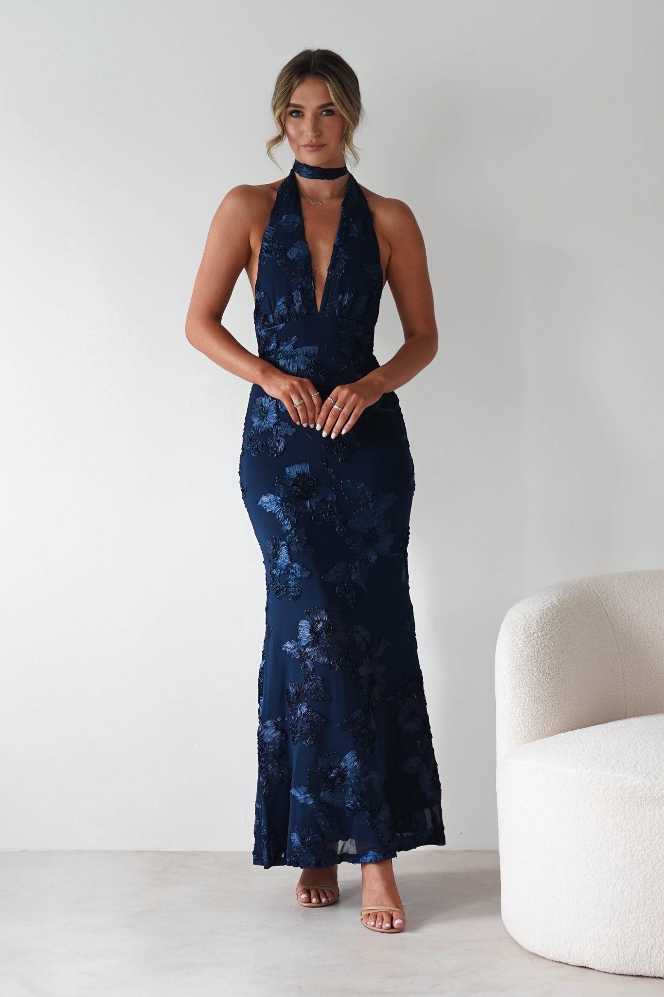 Halsey Tie Back Maxi Dress Navy Textured | Wedding Guest Dress | Maxi | Oh Hello Clothing
