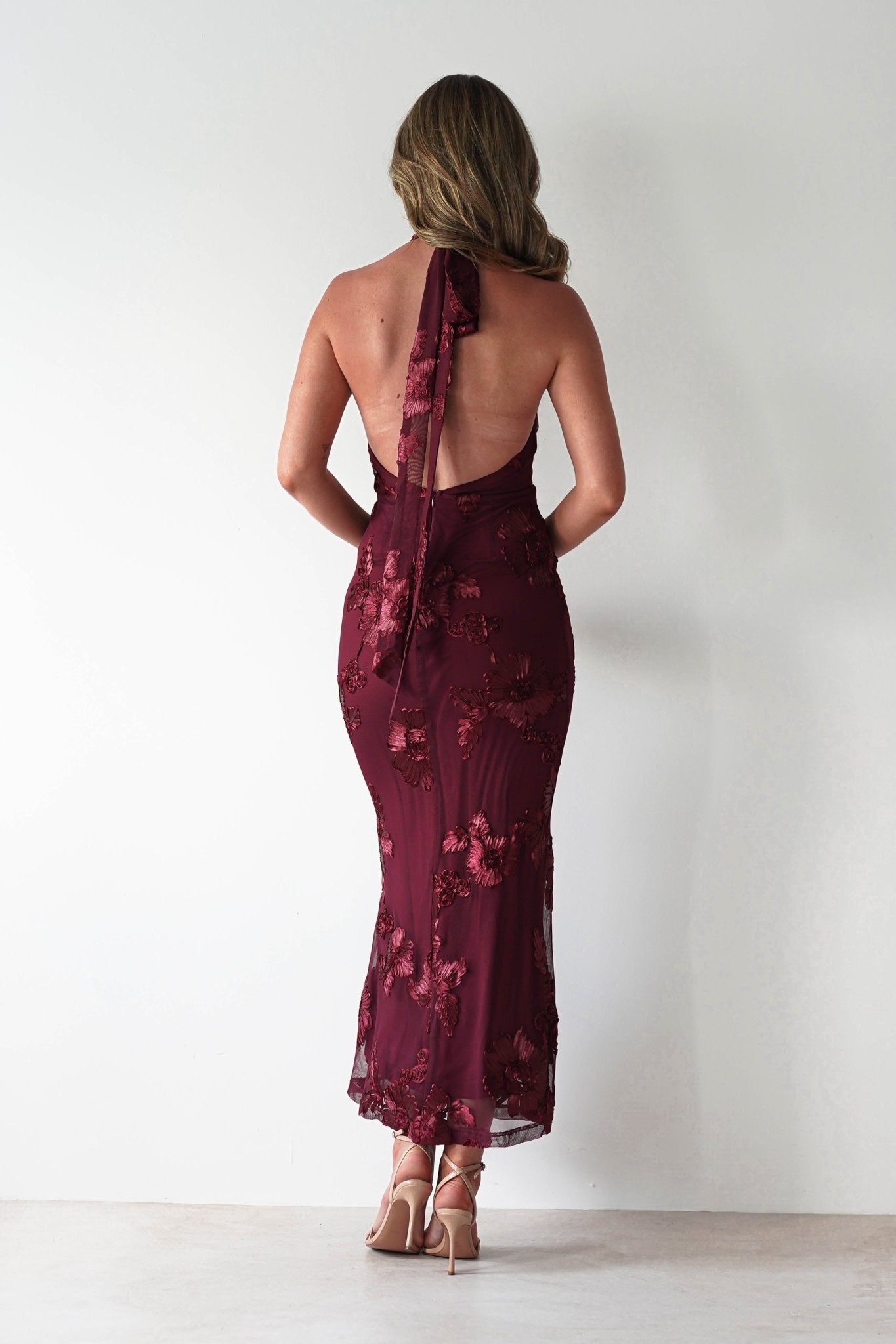 Halsey Tie Back Maxi Dress Wine Textured | Wedding Guest Dress | Maxi | Oh Hello Clothing
