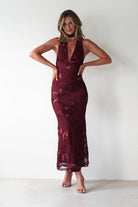 Halsey Tie Back Maxi Dress Wine Textured | Wedding Guest Dress | Maxi | Oh Hello Clothing