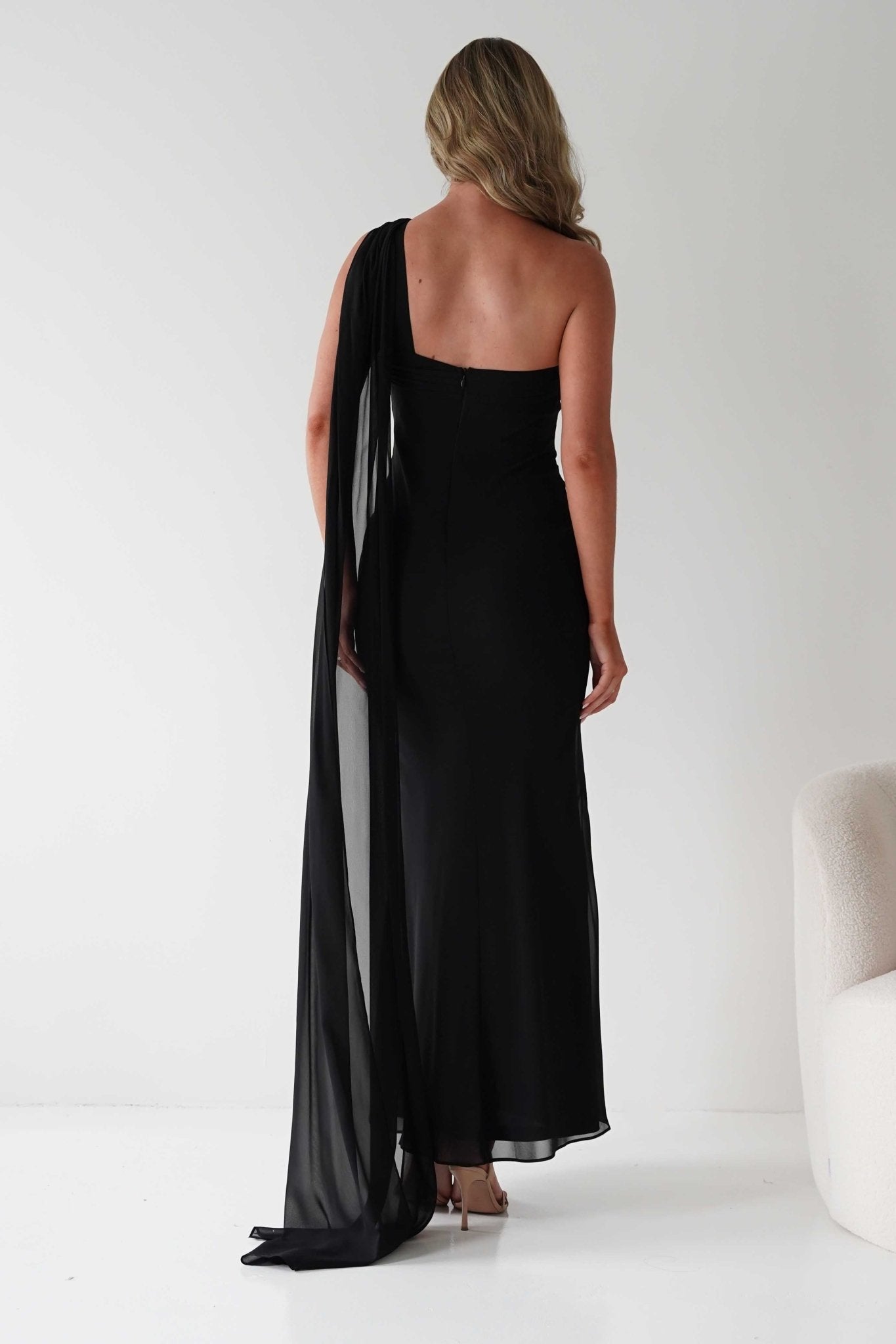 Hathaway Chiffon Drape Maxi Dress Black | Wedding Guest Dress | Maxi | Chiffon | Oh Hello Clothing