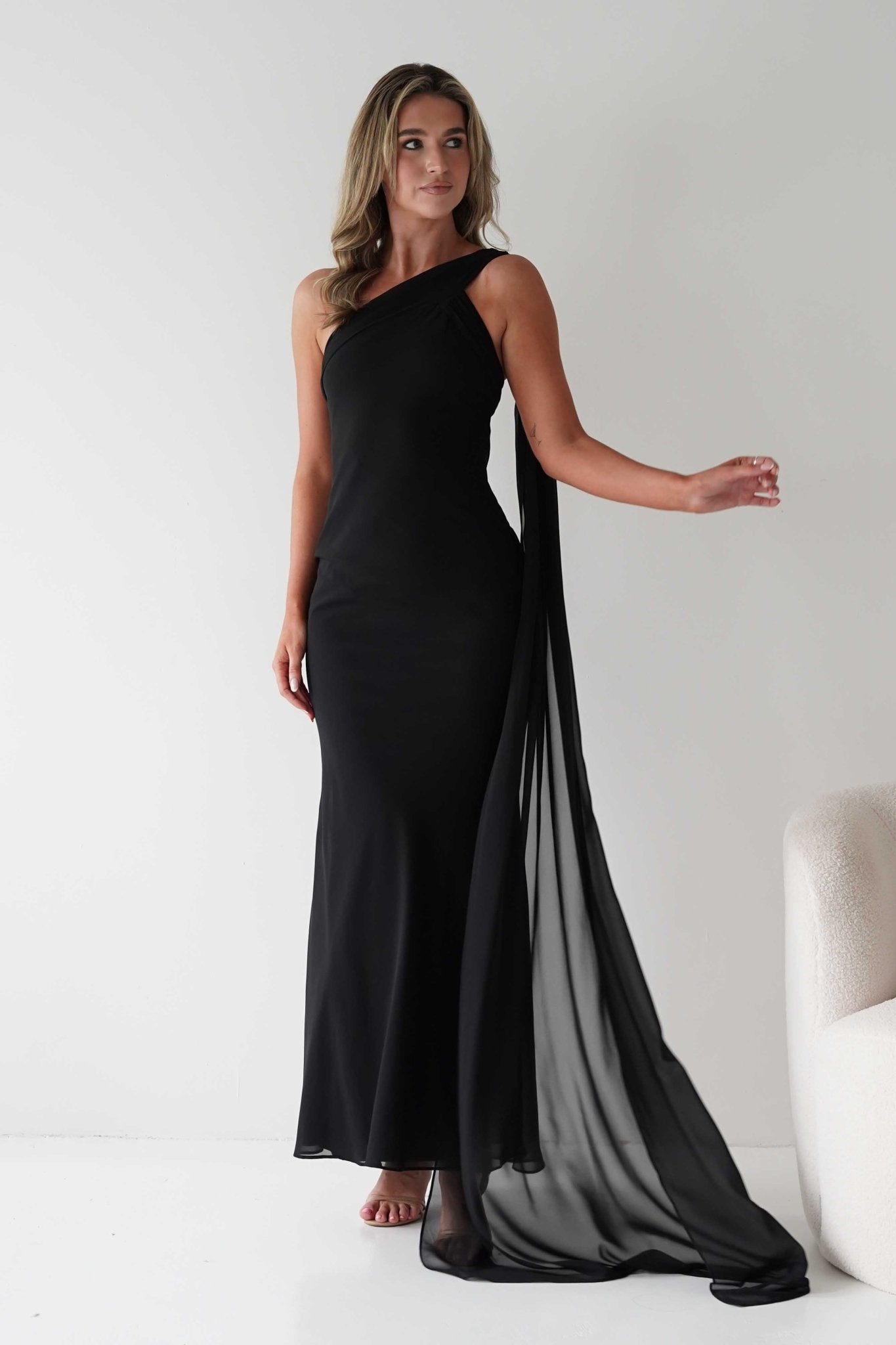 Hathaway Chiffon Drape Maxi Dress Black | Wedding Guest Dress | Maxi | Chiffon | Oh Hello Clothing