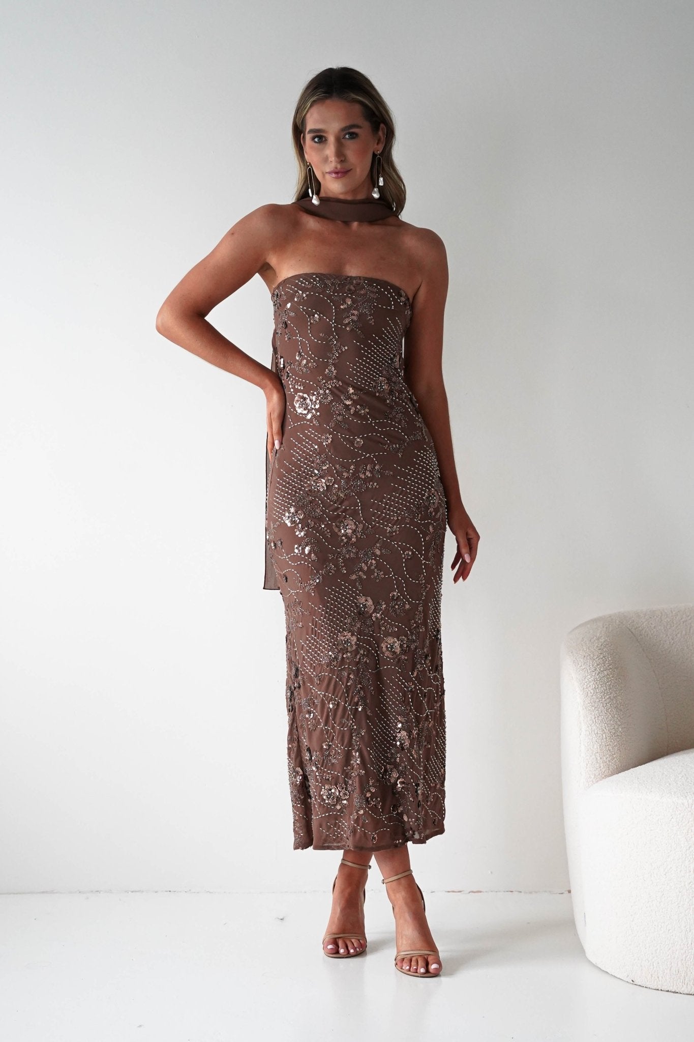 Oh Hello Clothing Dresses 1*DONE -FACTORY-OH25020TSQ- STRAPLESS BEADED DRESS WITH SCARF