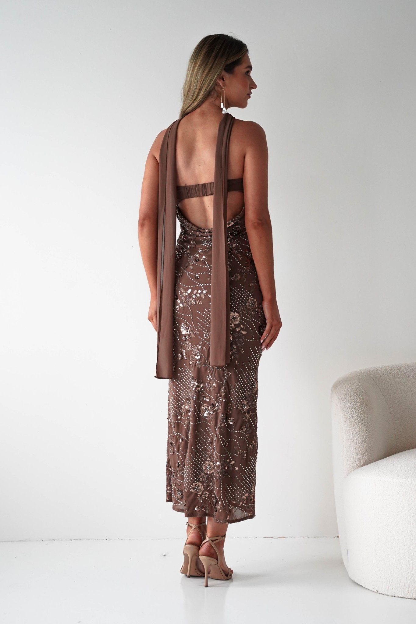 Oh Hello Clothing Dresses 1*DONE -FACTORY-OH25020TSQ- STRAPLESS BEADED DRESS WITH SCARF