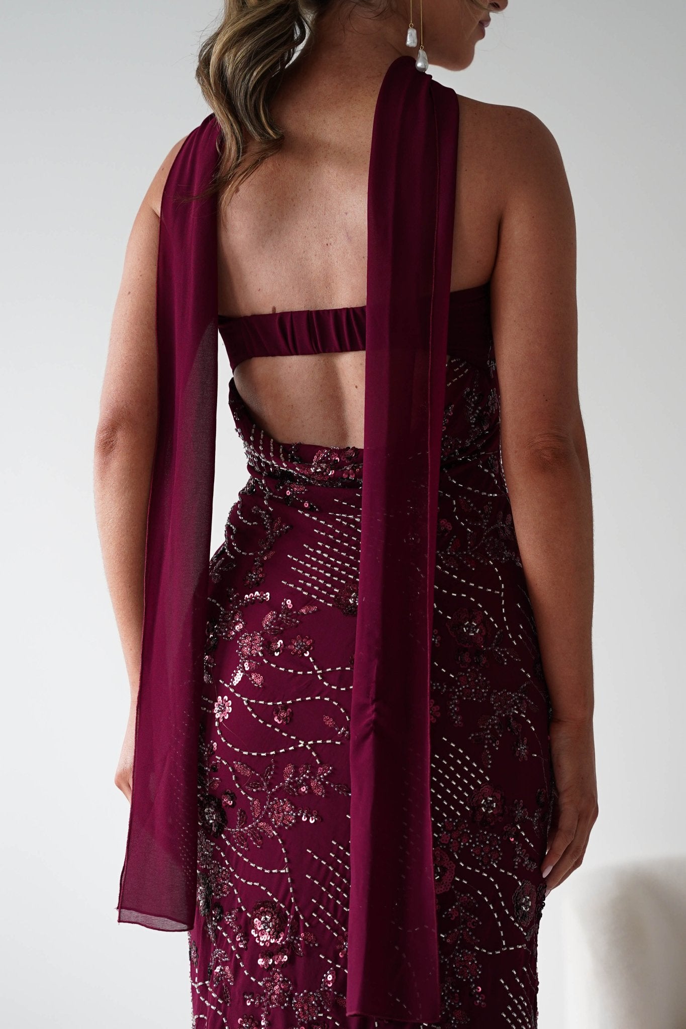Oh Hello Clothing Dresses 1*DONE -FACTORY-OH25020TSQ- STRAPLESS BEADED DRESS WITH SCARF WINE **