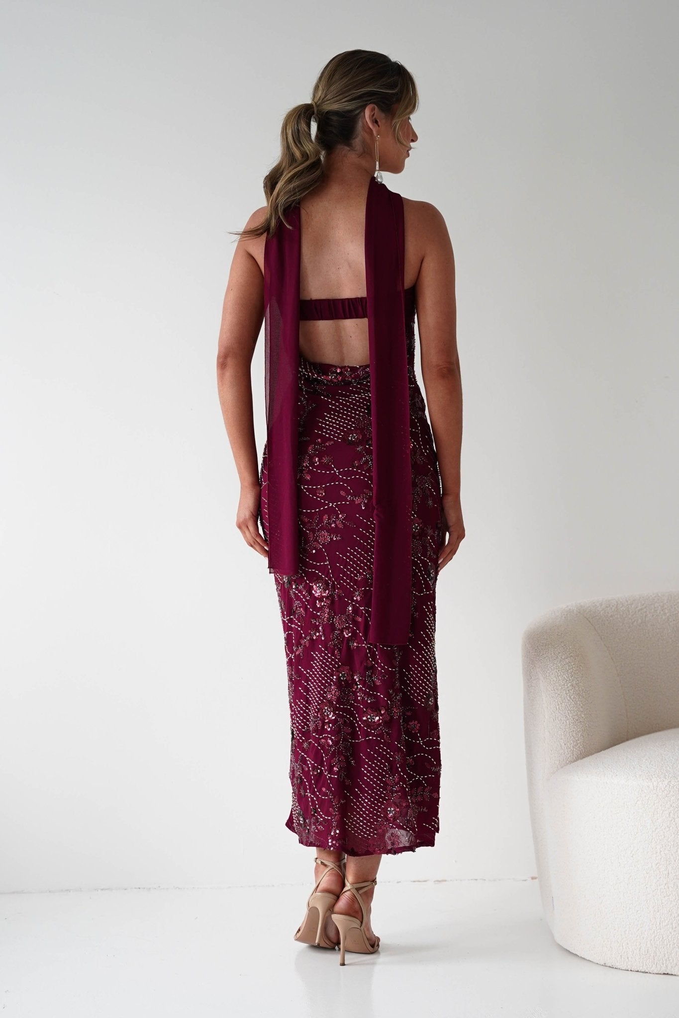 Oh Hello Clothing Dresses 1*DONE -FACTORY-OH25020TSQ- STRAPLESS BEADED DRESS WITH SCARF WINE **