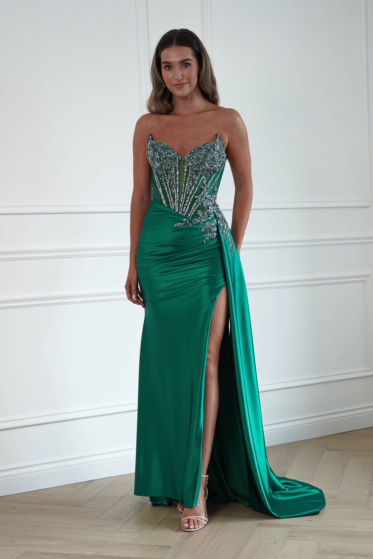 Oh Hello Clothing Dresses > Prom Dresses Hazelle Crystal Embellished Corset Gown | Emerald