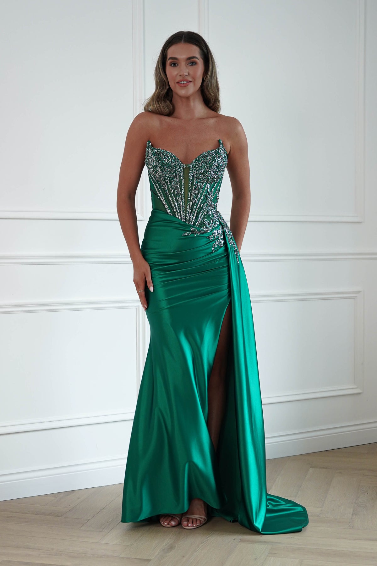Oh Hello Clothing Dresses > Prom Dresses Hazelle Crystal Embellished Corset Gown | Emerald