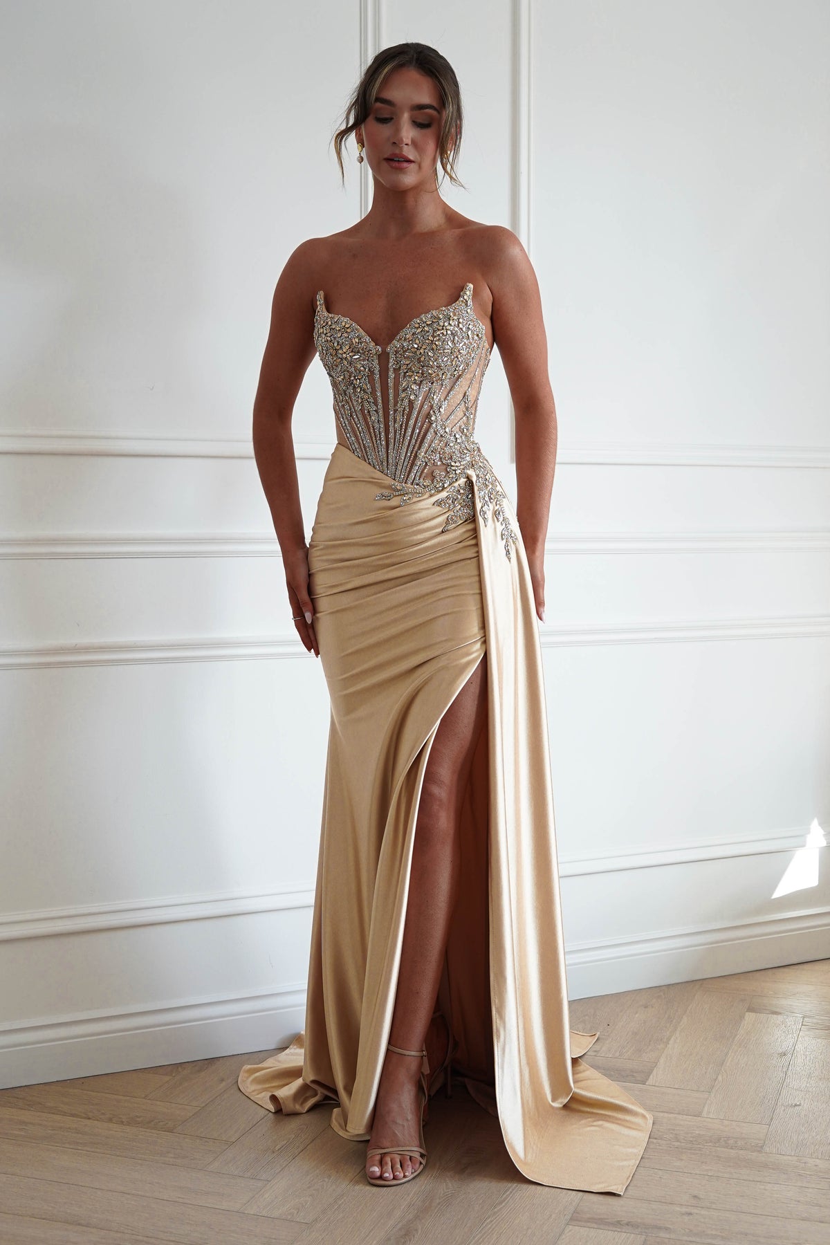Oh Hello Clothing Dresses > Prom Dresses Hazelle Crystal Embellished Corset Gown | Gold