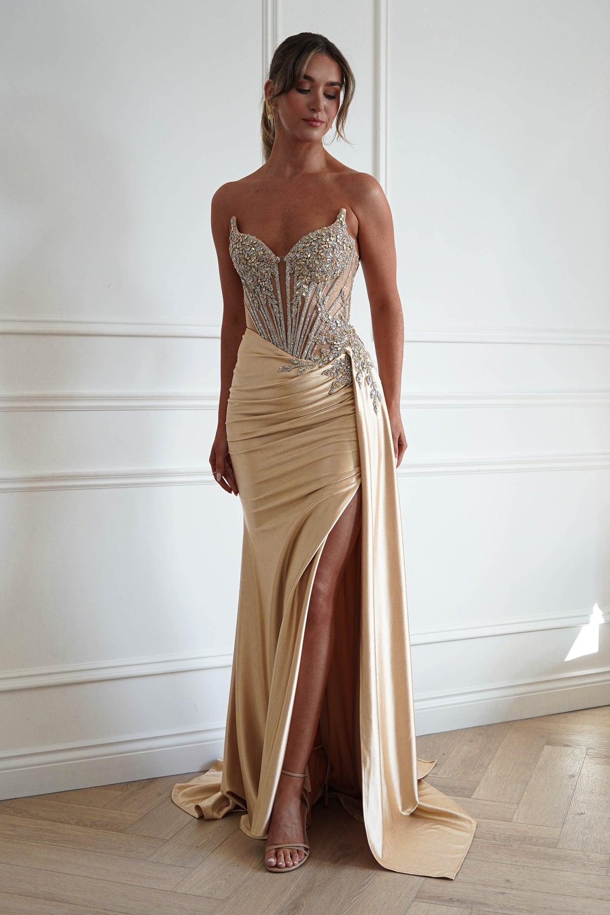 Oh Hello Clothing Dresses > Prom Dresses Hazelle Crystal Embellished Corset Gown | Gold