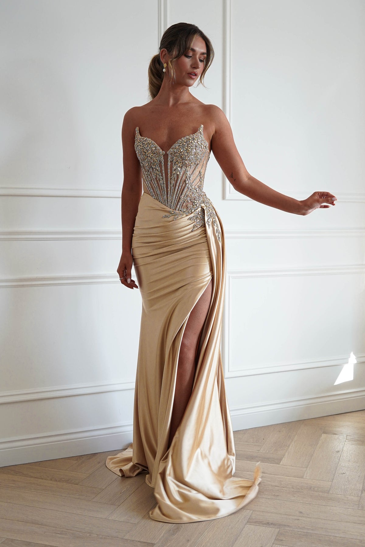 Oh Hello Clothing Dresses > Prom Dresses Hazelle Crystal Embellished Corset Gown | Gold