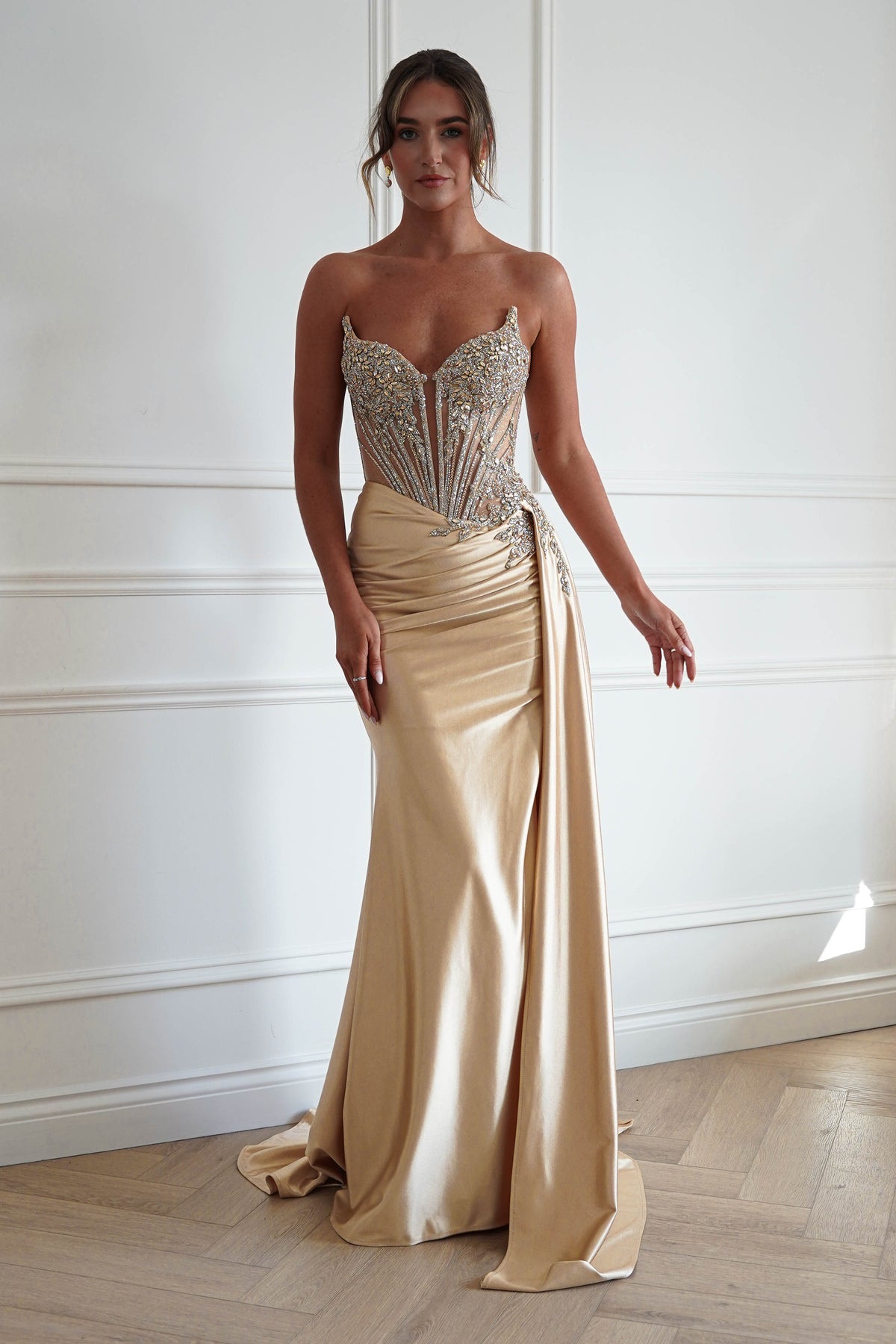 Oh Hello Clothing Dresses > Prom Dresses Hazelle Crystal Embellished Corset Gown | Gold