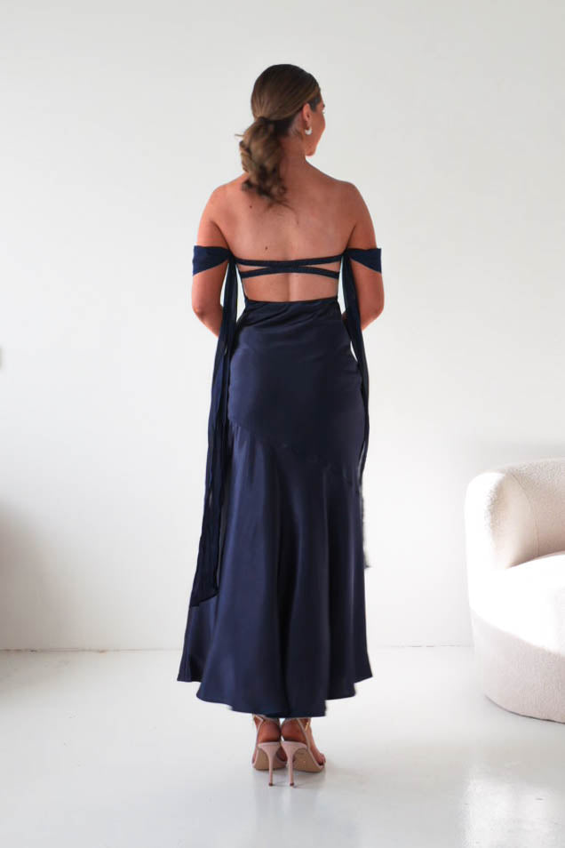 Oh Hello Clothing Women > Clothing > Dresses Helda Off The Shoulder Soft Satin Maxi Dress | Navy