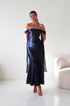 Oh Hello Clothing Women > Clothing > Dresses Helda Off The Shoulder Soft Satin Maxi Dress | Navy
