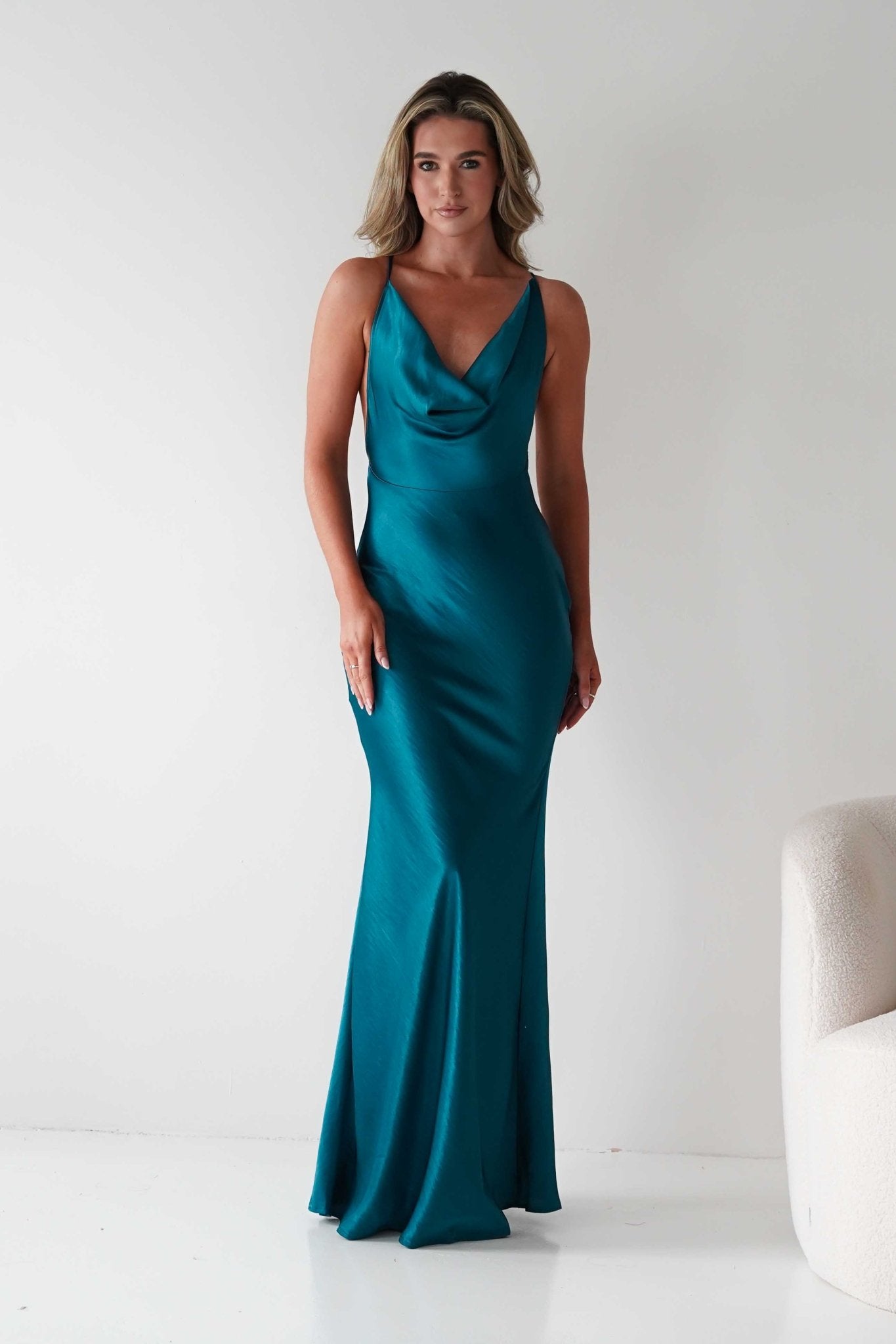 Helga Soft Satin Drape Maxi Dress Teal | Wedding Guest Dress | Maxi | Satin | Oh Hello Clothing