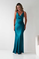 Helga Soft Satin Drape Maxi Dress Teal | Wedding Guest Dress | Maxi | Satin | Oh Hello Clothing
