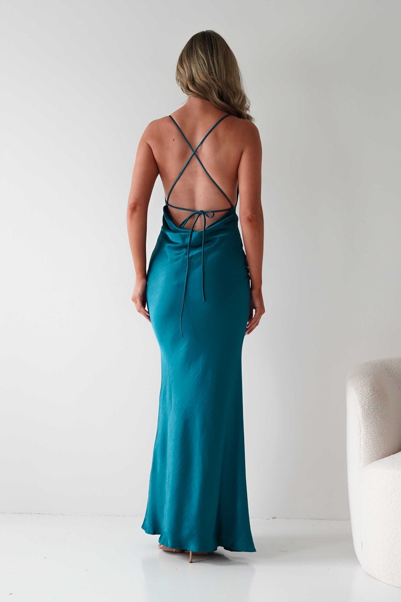 Helga Soft Satin Drape Maxi Dress Teal | Wedding Guest Dress | Maxi | Satin | Oh Hello Clothing