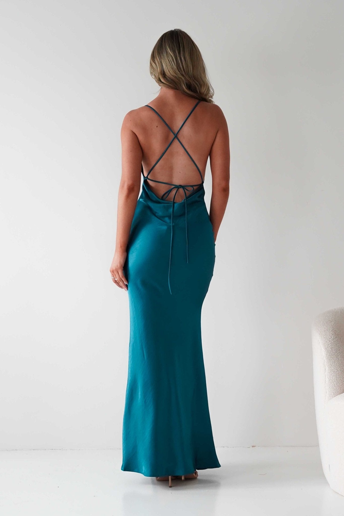 Helga Soft Satin Drape Maxi Dress Teal | Wedding Guest Dress | Maxi | Satin | Oh Hello Clothing