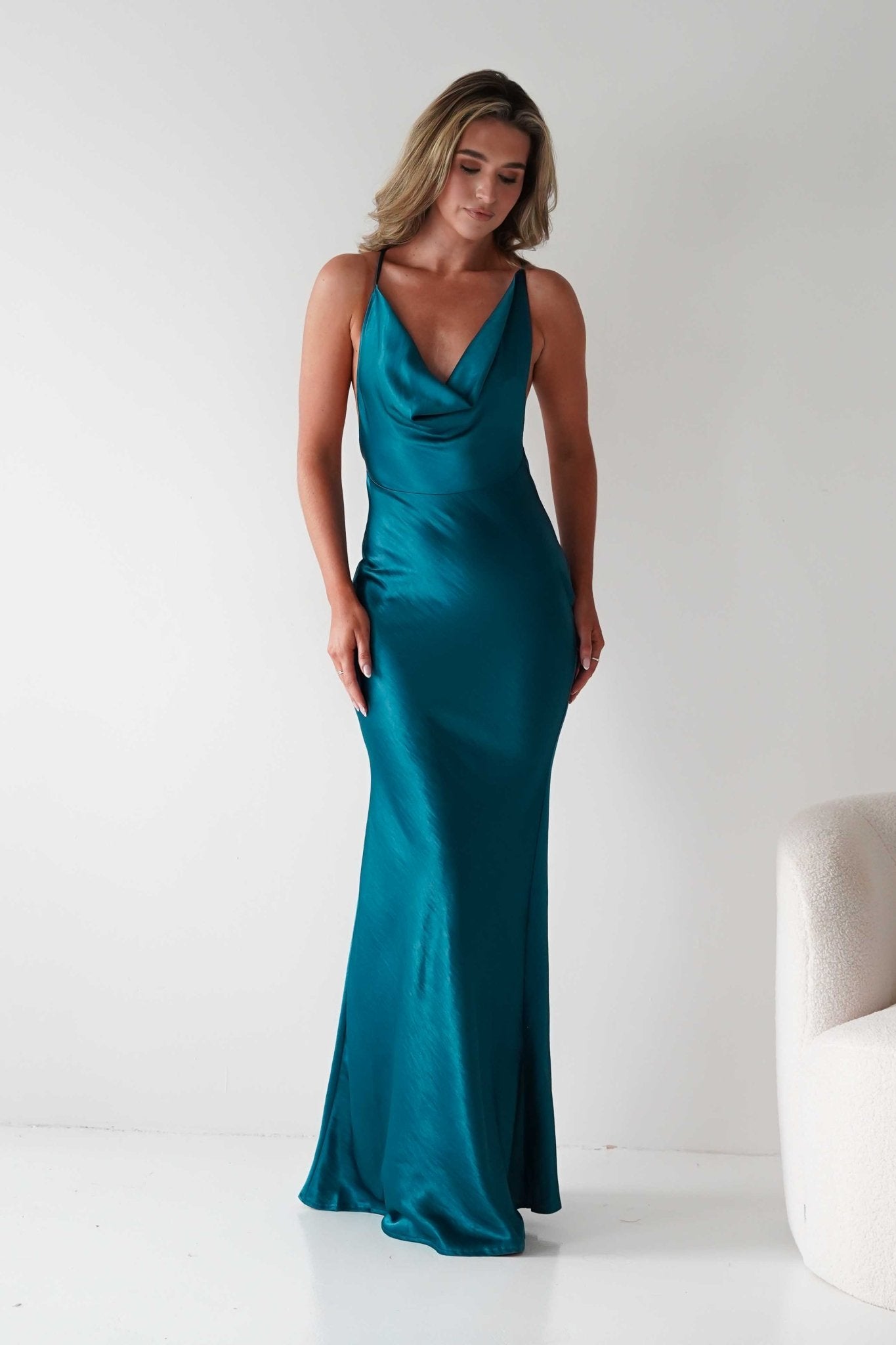 Helga Soft Satin Drape Maxi Dress Teal | Wedding Guest Dress | Maxi | Satin | Oh Hello Clothing