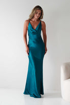 Helga Soft Satin Drape Maxi Dress Teal | Wedding Guest Dress | Maxi | Satin | Oh Hello Clothing