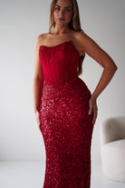 Oh Hello Clothing Women > Clothing > Dresses Henrietta Strapless Corset Sequin Gown | Red