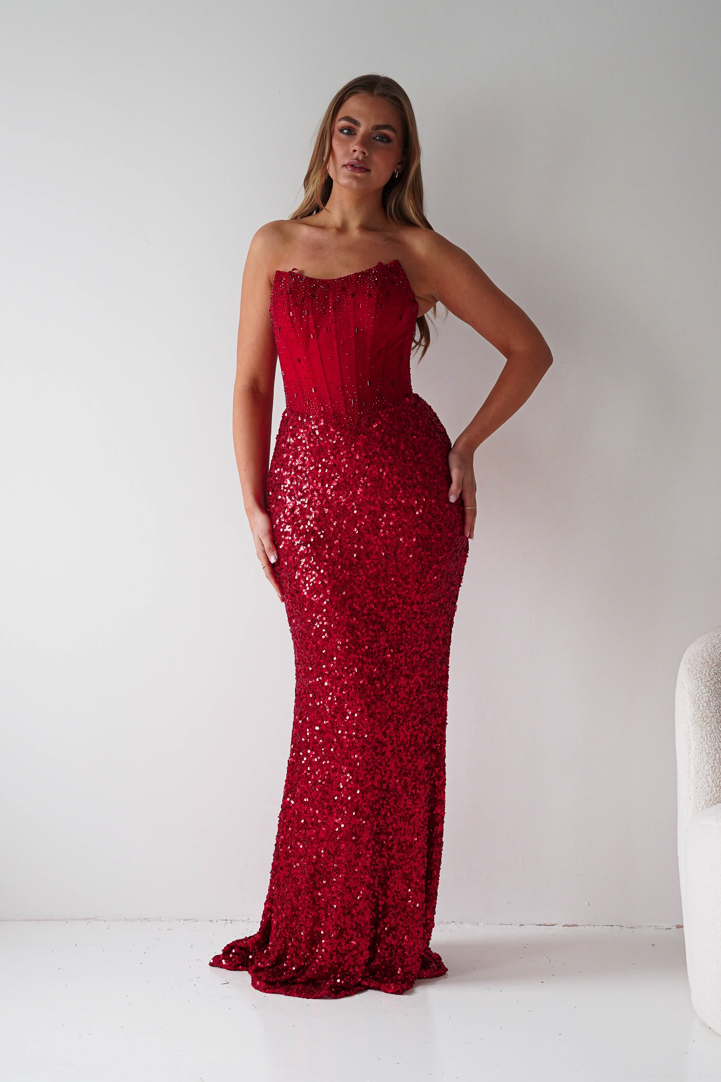 Oh Hello Clothing Women > Clothing > Dresses Henrietta Strapless Corset Sequin Gown | Red