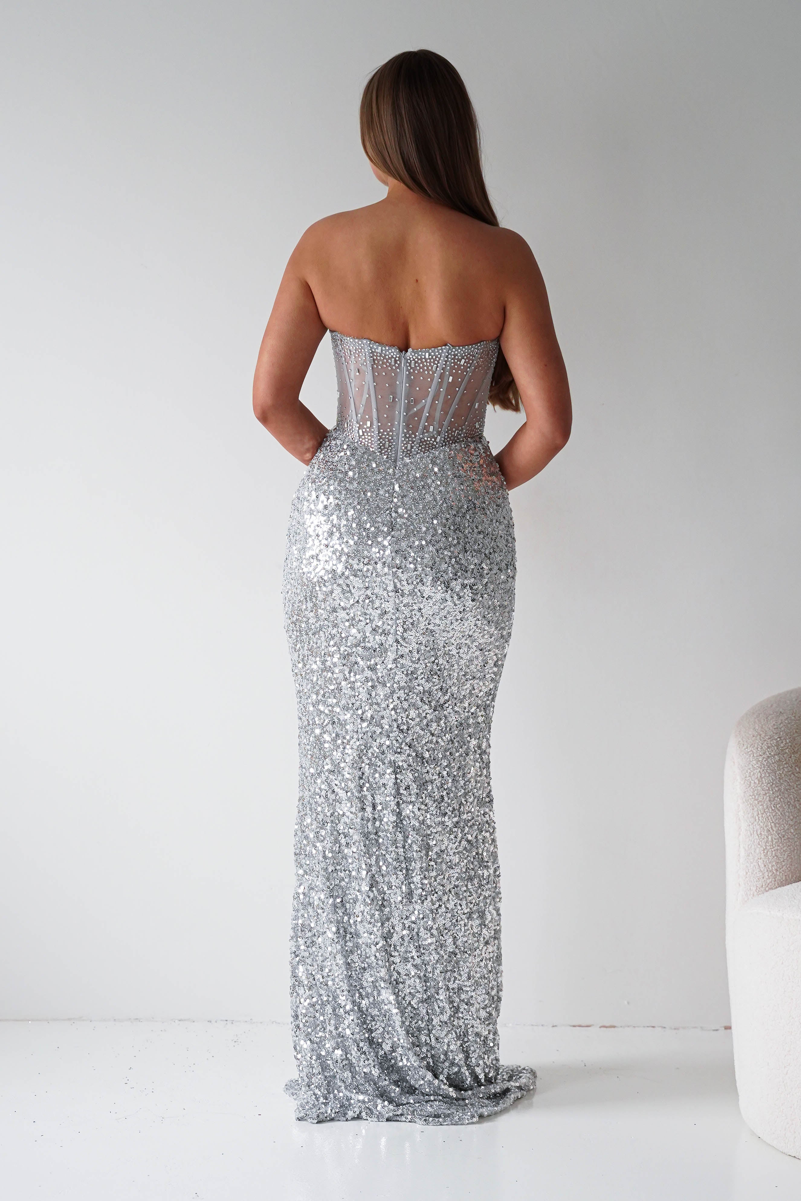 Oh Hello Clothing Women > Clothing > Dresses Henrietta Strapless Corset Sequin Gown | Silver