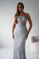 Oh Hello Clothing Women > Clothing > Dresses Henrietta Strapless Corset Sequin Gown | Silver