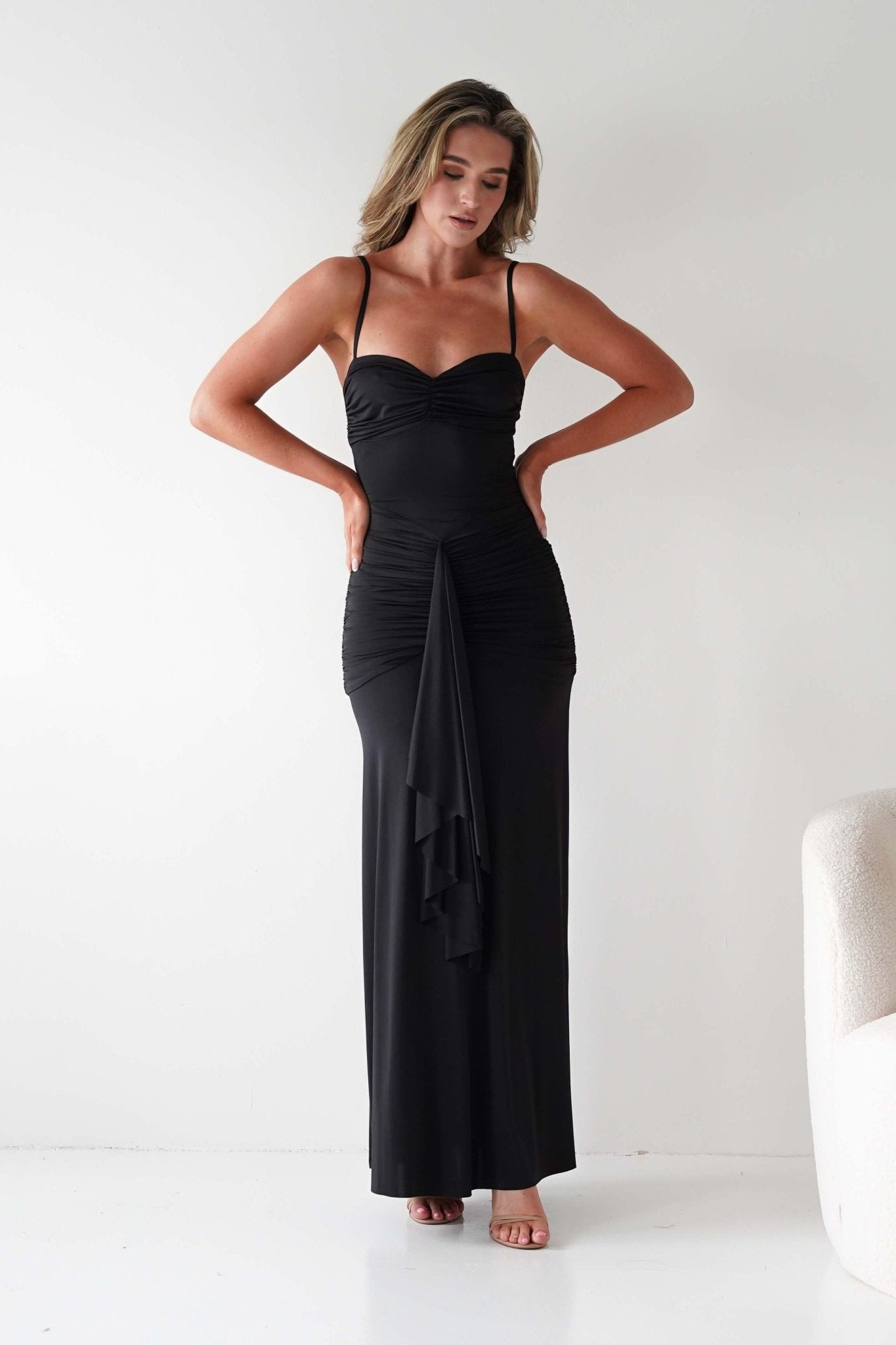 Hera Bodycon Ruffle Maxi Gown Dress | Black | Debs & Prom | Formal Gown | Oh Hello Clothing
