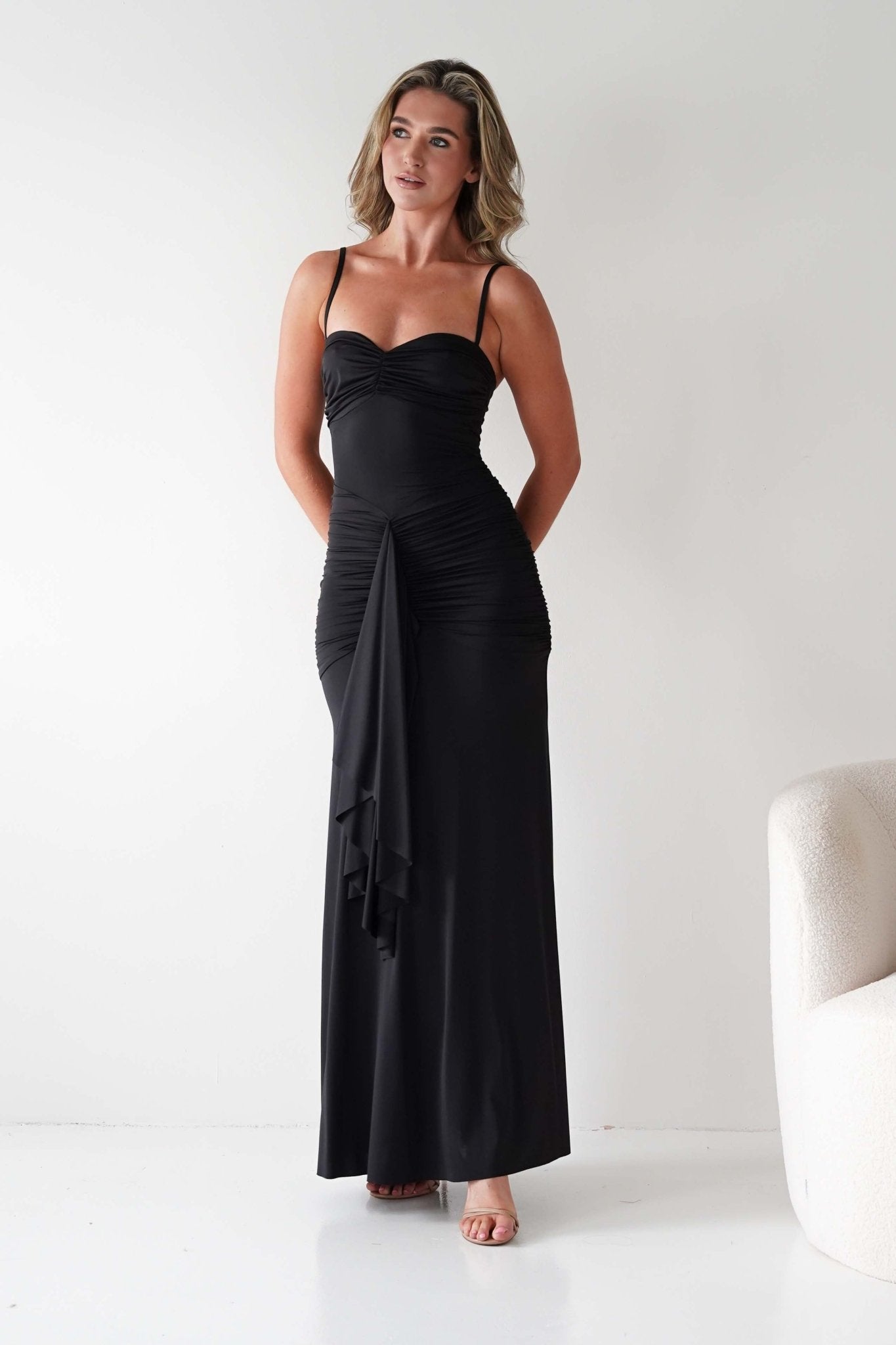 Hera Bodycon Ruffle Maxi Gown Dress | Black | Debs & Prom | Formal Gown | Oh Hello Clothing