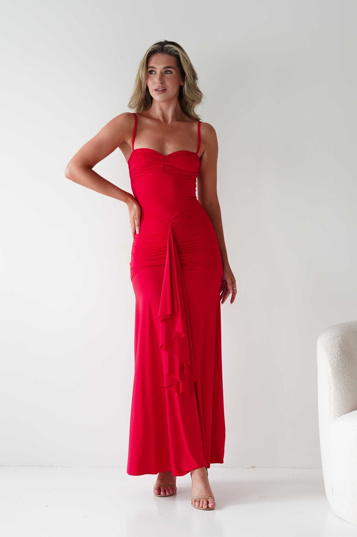 Hera Bodycon Ruffle Maxi Gown Dress | Red | Debs & Prom | Formal Gown | Oh Hello Clothing