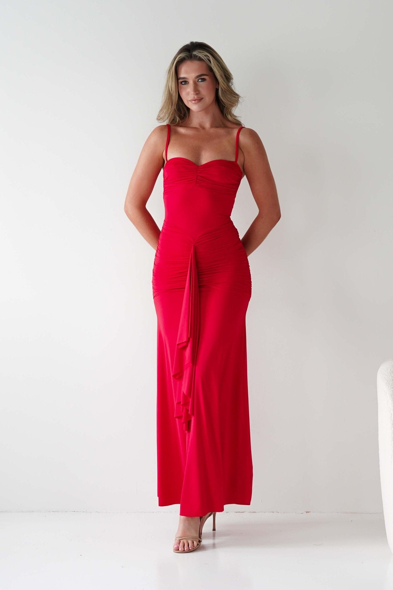 Hera Bodycon Ruffle Maxi Gown Dress | Red | Debs & Prom | Formal Gown | Oh Hello Clothing