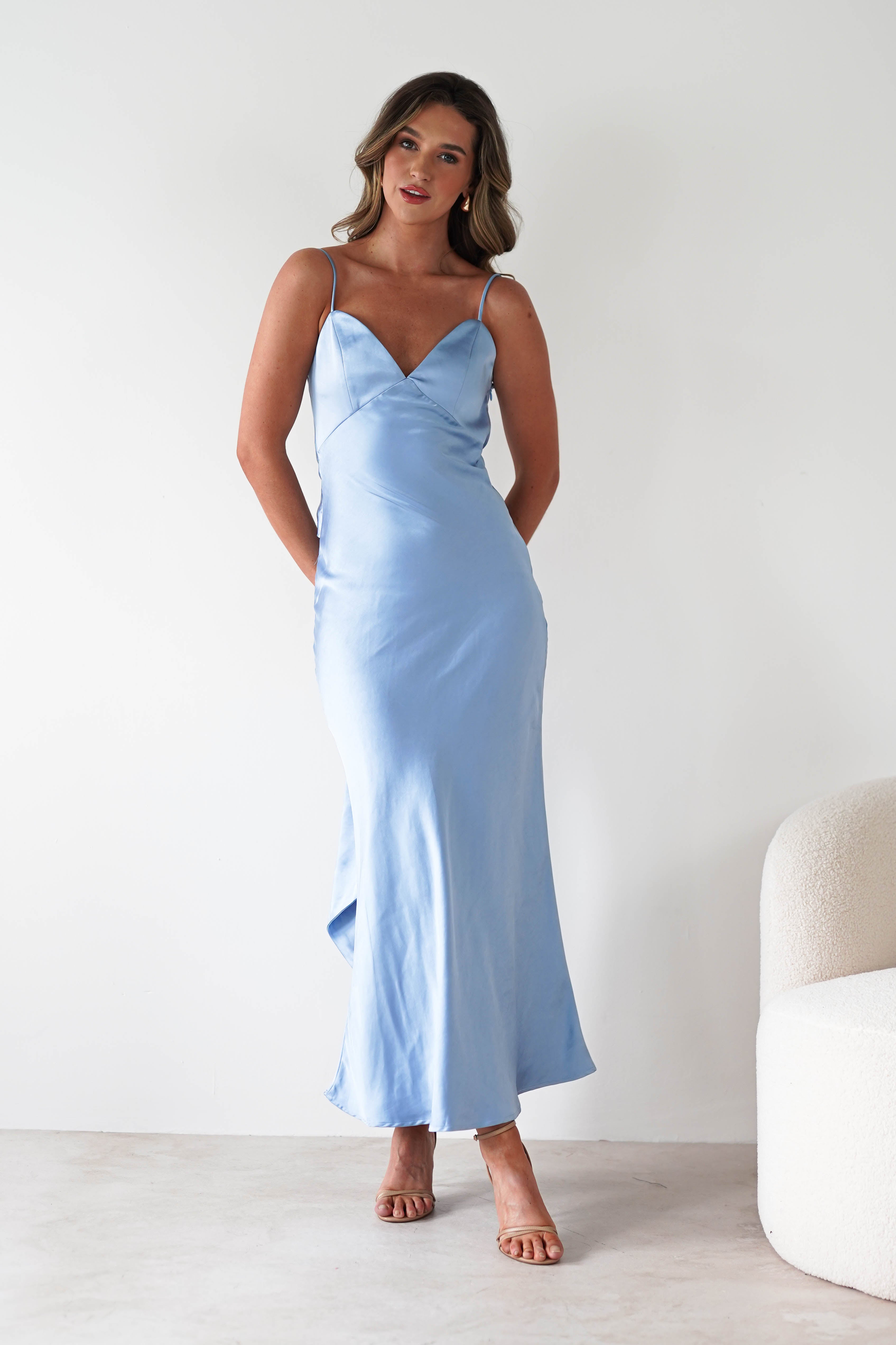 Hermie Silky Satin Maxi Dress Blue | Wedding Guest Dress | Maxi | Satin | Oh Hello Clothing