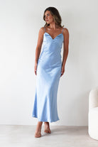 Hermie Silky Satin Maxi Dress Blue | Wedding Guest Dress | Maxi | Satin | Oh Hello Clothing
