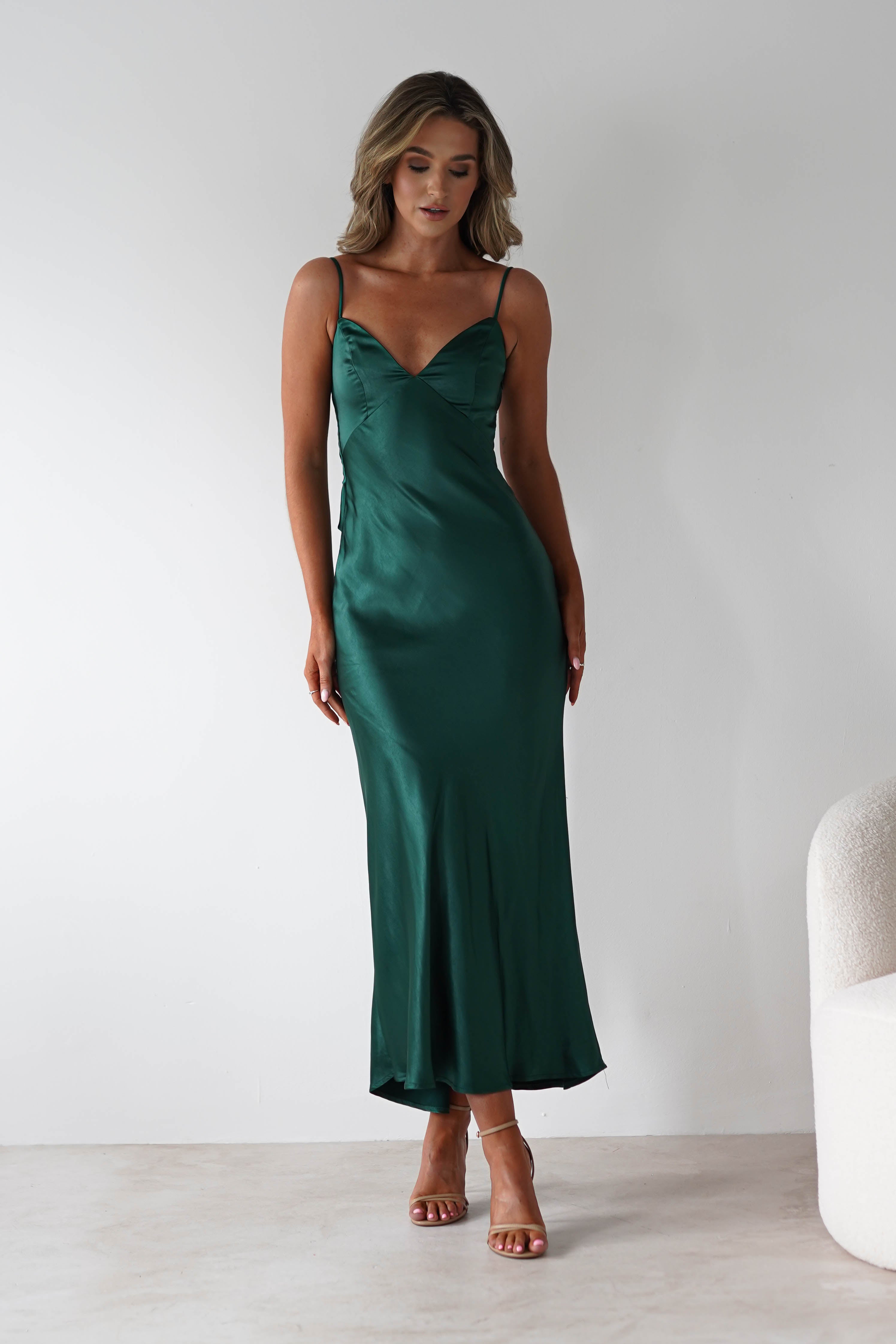 Hermie Silky Satin Maxi Dress Forest Green | Wedding Guest Dress | Maxi | Satin | Oh Hello Clothing