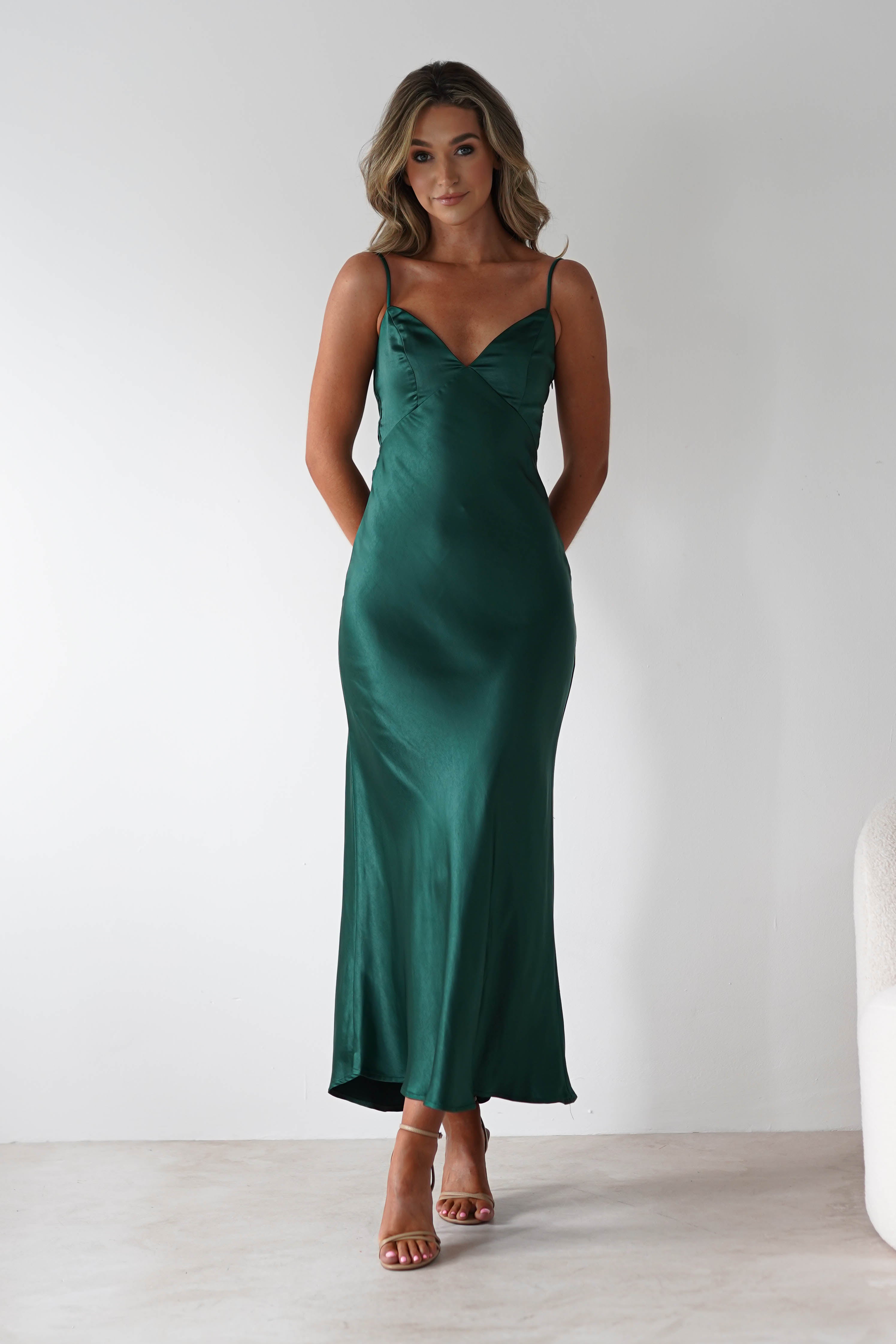 Hermie Silky Satin Maxi Dress Forest Green | Wedding Guest Dress | Maxi | Satin | Oh Hello Clothing