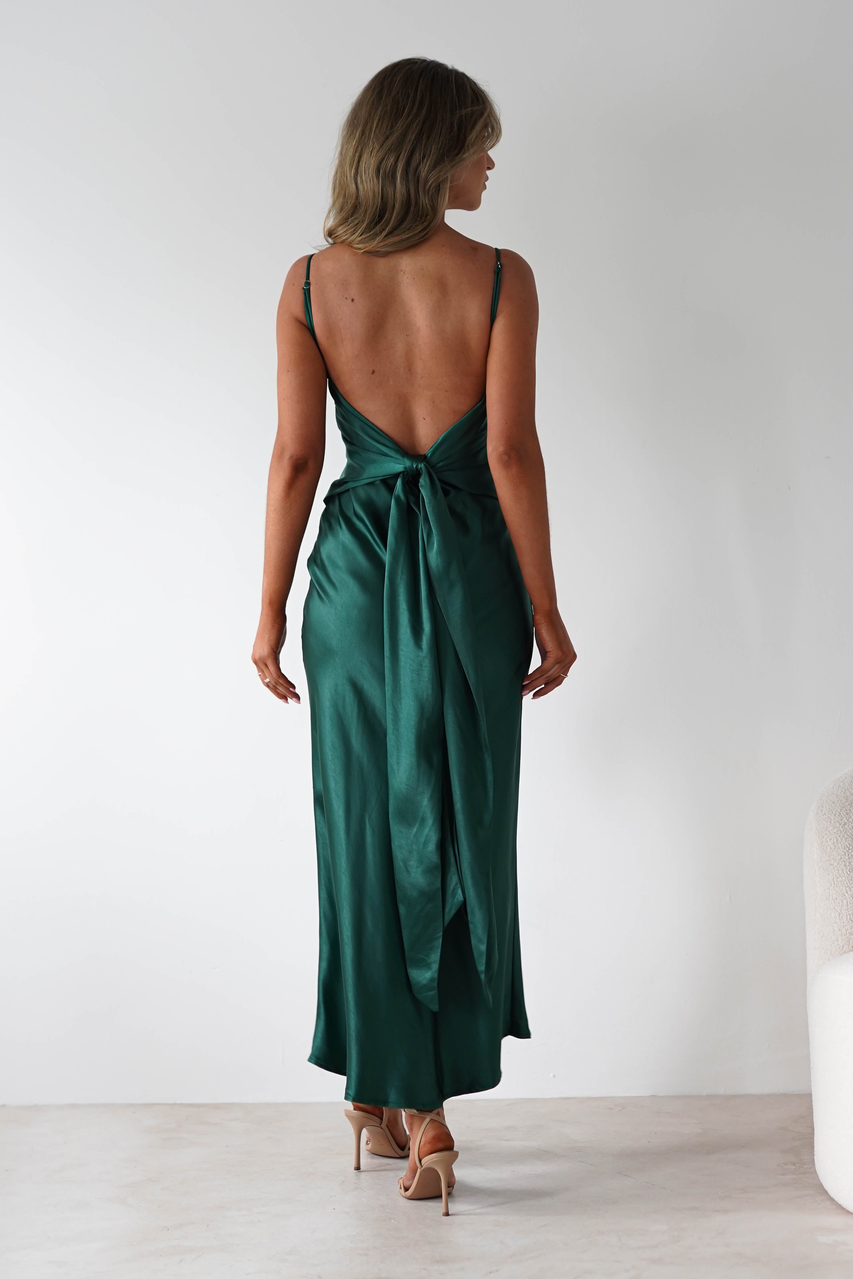 Hermie Silky Satin Maxi Dress Forest Green | Wedding Guest Dress | Maxi | Satin | Oh Hello Clothing