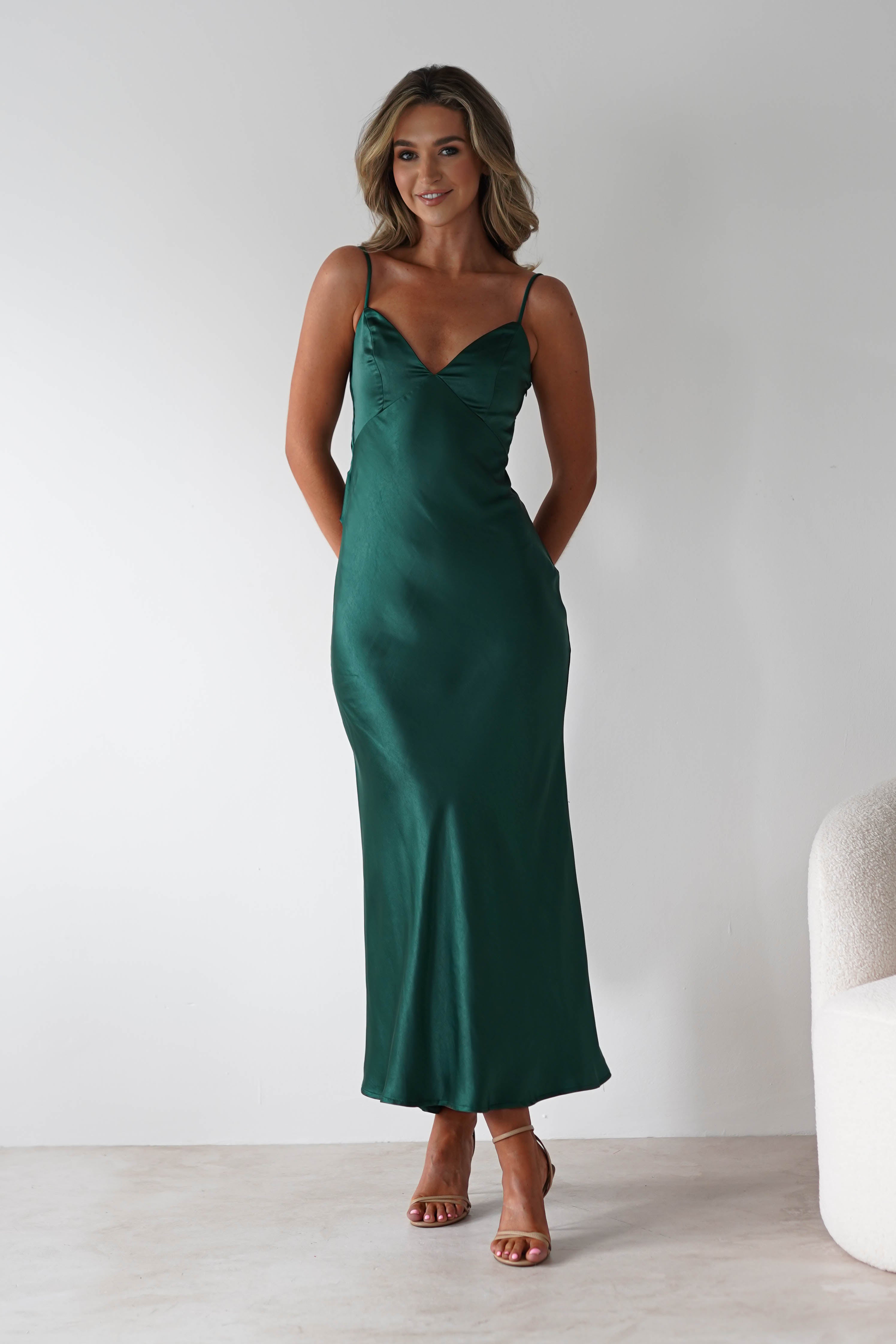 Hermie Silky Satin Maxi Dress Forest Green | Wedding Guest Dress | Maxi | Satin | Oh Hello Clothing