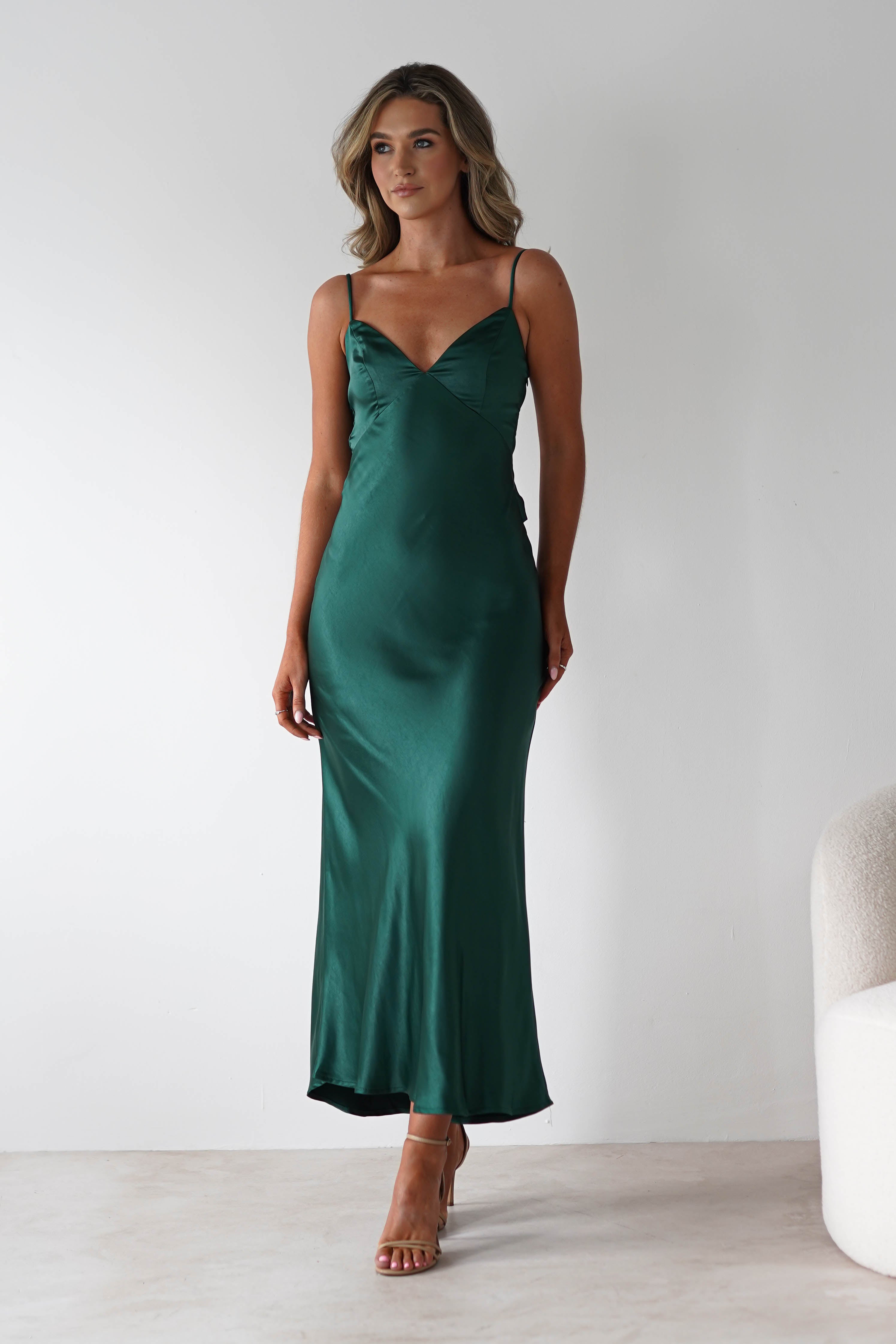 Hermie Silky Satin Maxi Dress Forest Green | Wedding Guest Dress | Maxi | Satin | Oh Hello Clothing