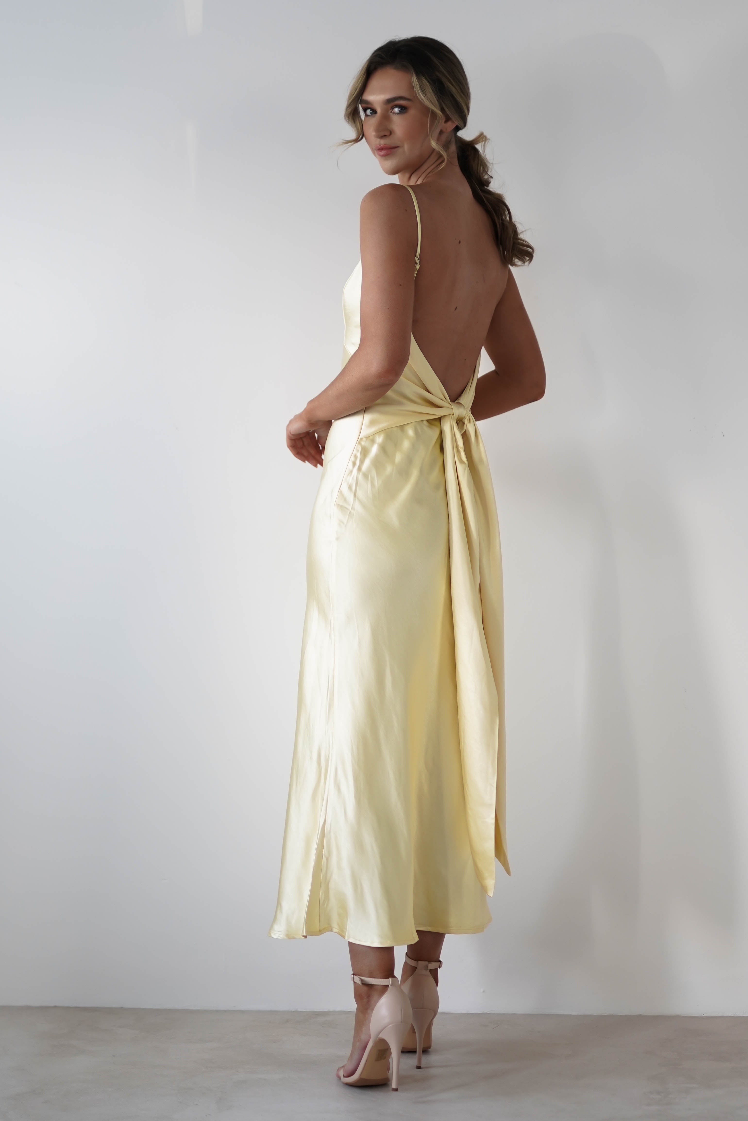 Hermie Silky Satin Maxi Dress Lemon | Wedding Guest Dress | Maxi | Satin | Oh Hello Clothing