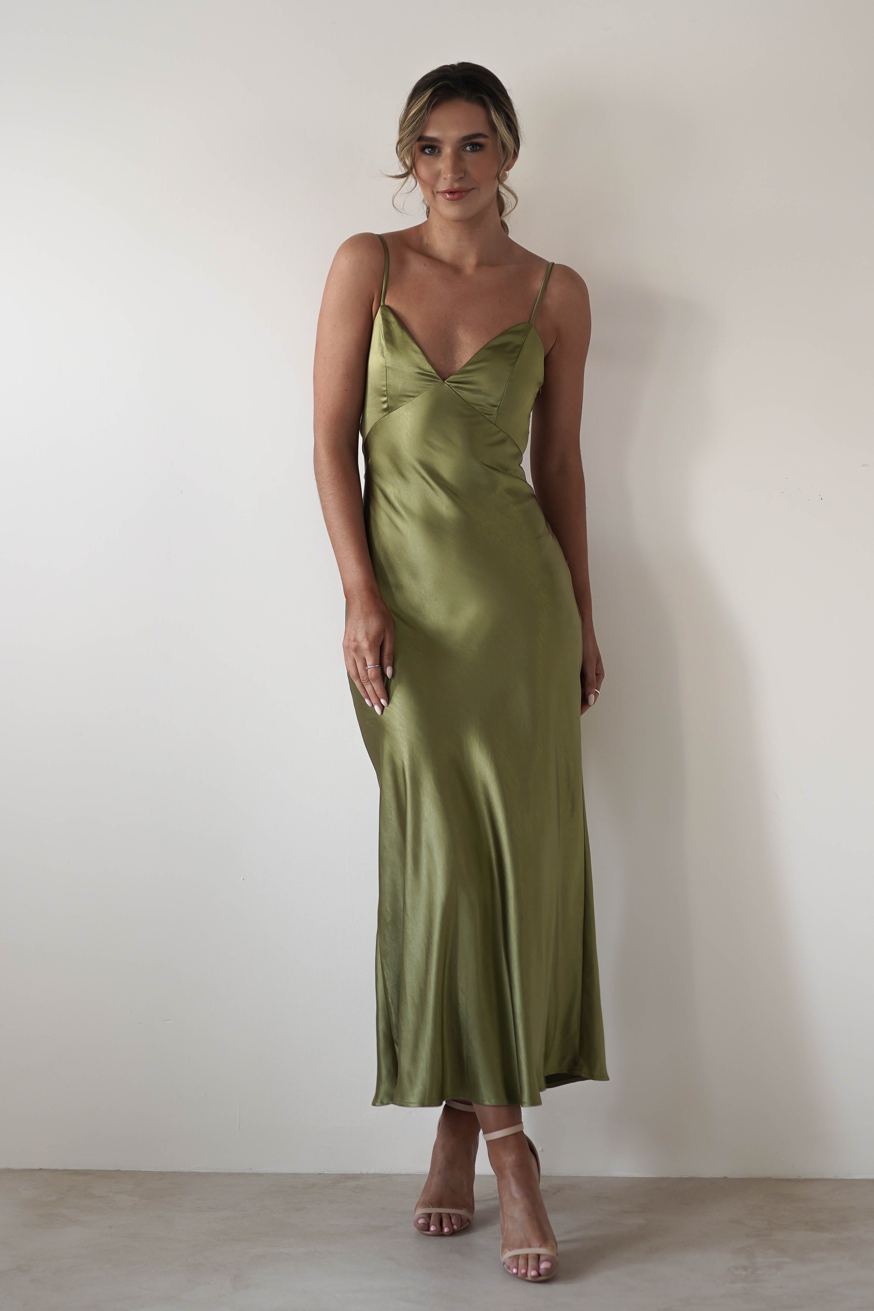 Hermie Silky Satin Maxi Dress Olive | Wedding Guest Dress | Maxi | Satin | Oh Hello Clothing