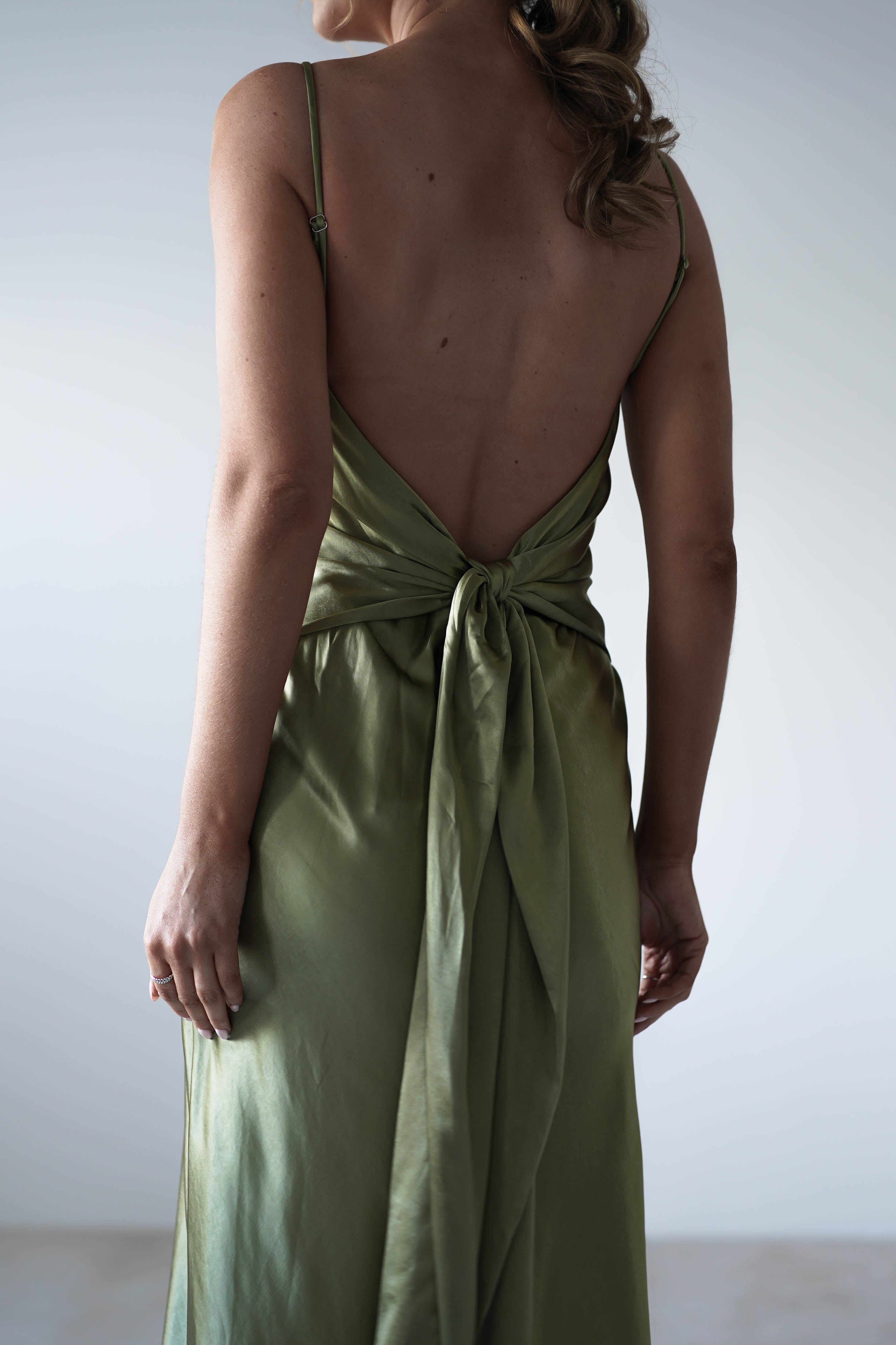 Hermie Silky Satin Maxi Dress Olive | Wedding Guest Dress | Maxi | Satin | Oh Hello Clothing