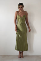 Hermie Silky Satin Maxi Dress Olive | Wedding Guest Dress | Maxi | Satin | Oh Hello Clothing