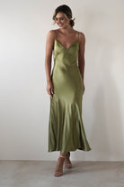Hermie Silky Satin Maxi Dress Olive | Wedding Guest Dress | Maxi | Satin | Oh Hello Clothing