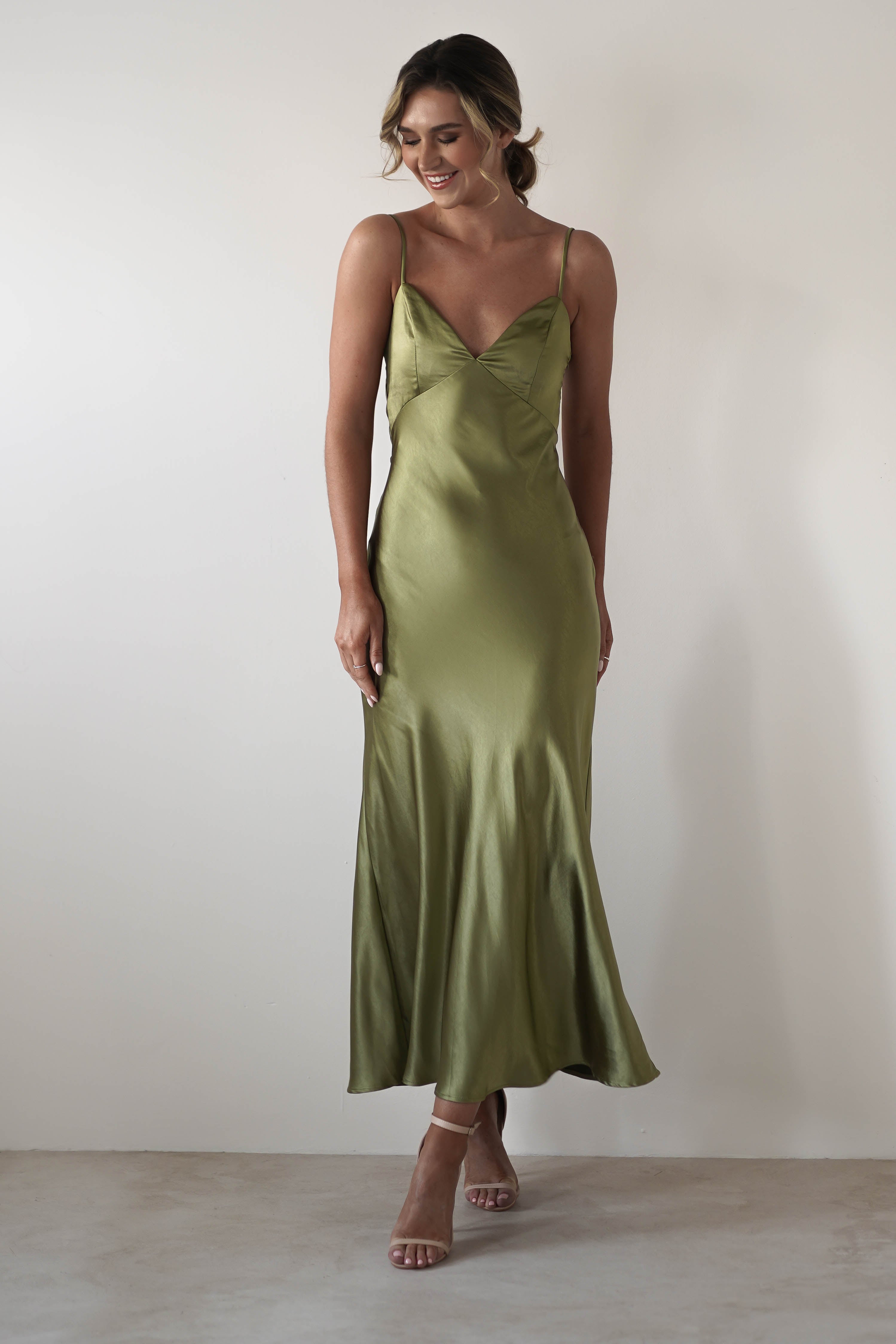 Hermie Silky Satin Maxi Dress Olive | Wedding Guest Dress | Maxi | Satin | Oh Hello Clothing