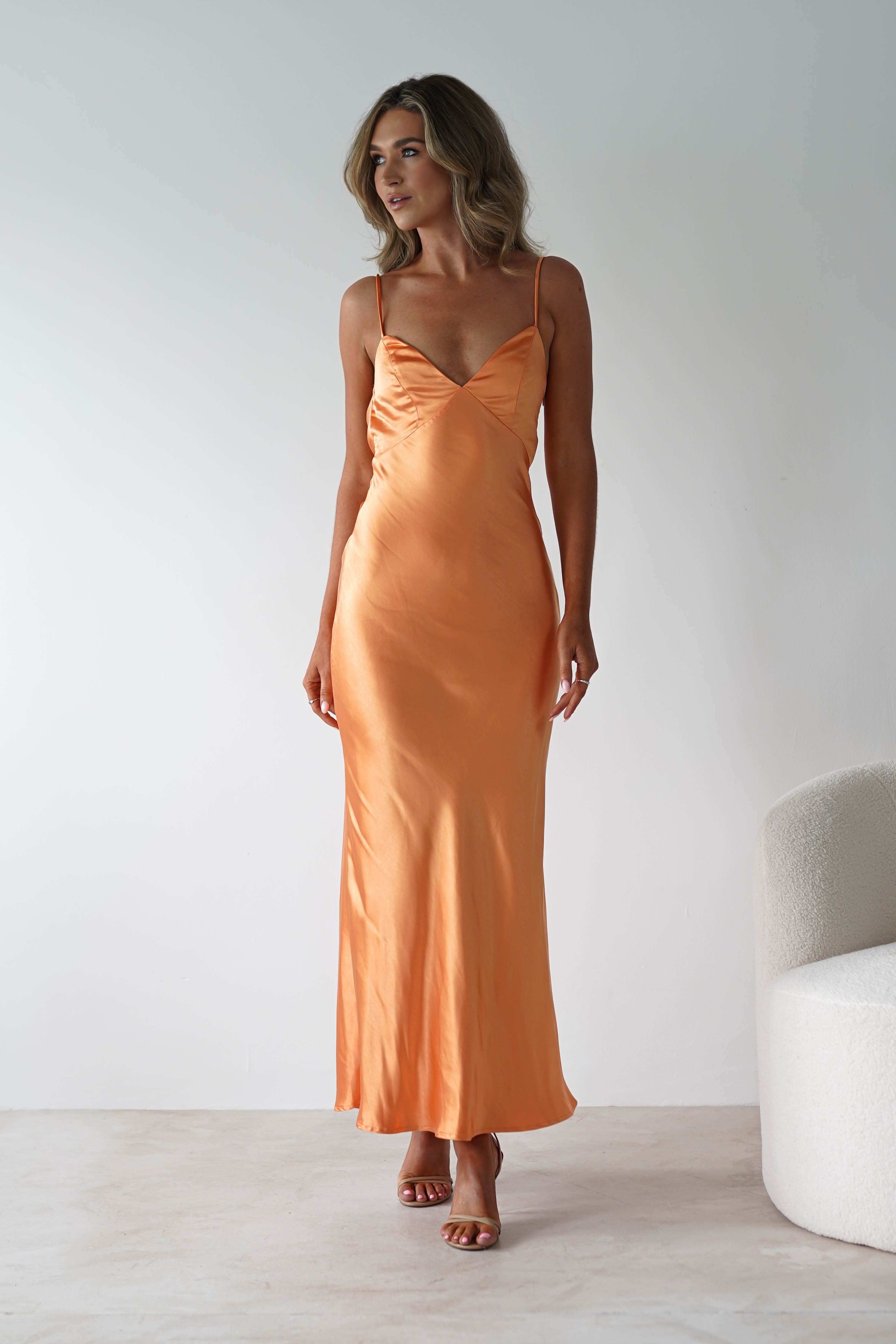Hermie Silky Satin Maxi Dress Orange | Wedding Guest Dress | Maxi | Satin | Oh Hello Clothing