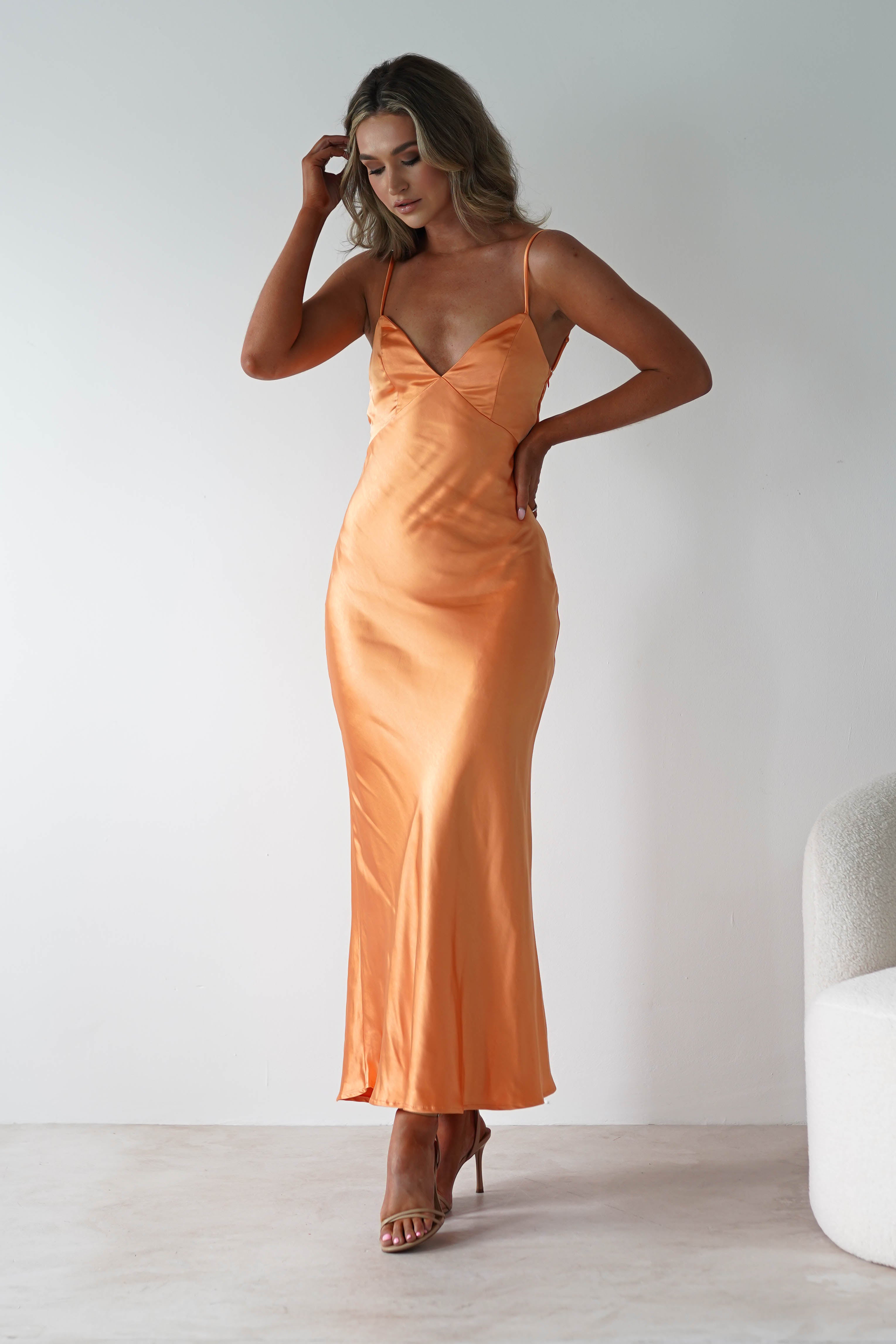Hermie Silky Satin Maxi Dress Orange | Wedding Guest Dress | Maxi | Satin | Oh Hello Clothing