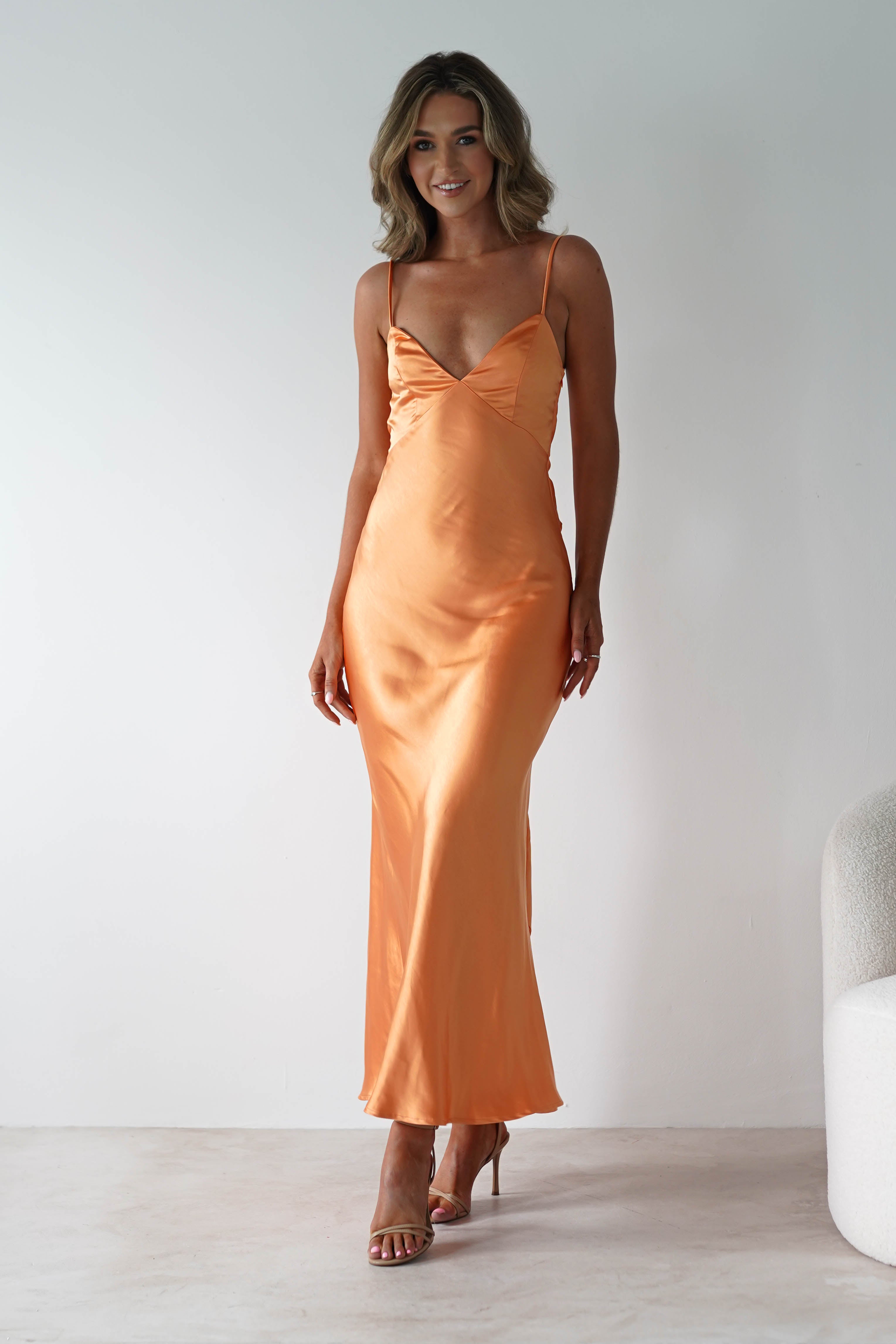 Hermie Silky Satin Maxi Dress Orange | Wedding Guest Dress | Maxi | Satin | Oh Hello Clothing