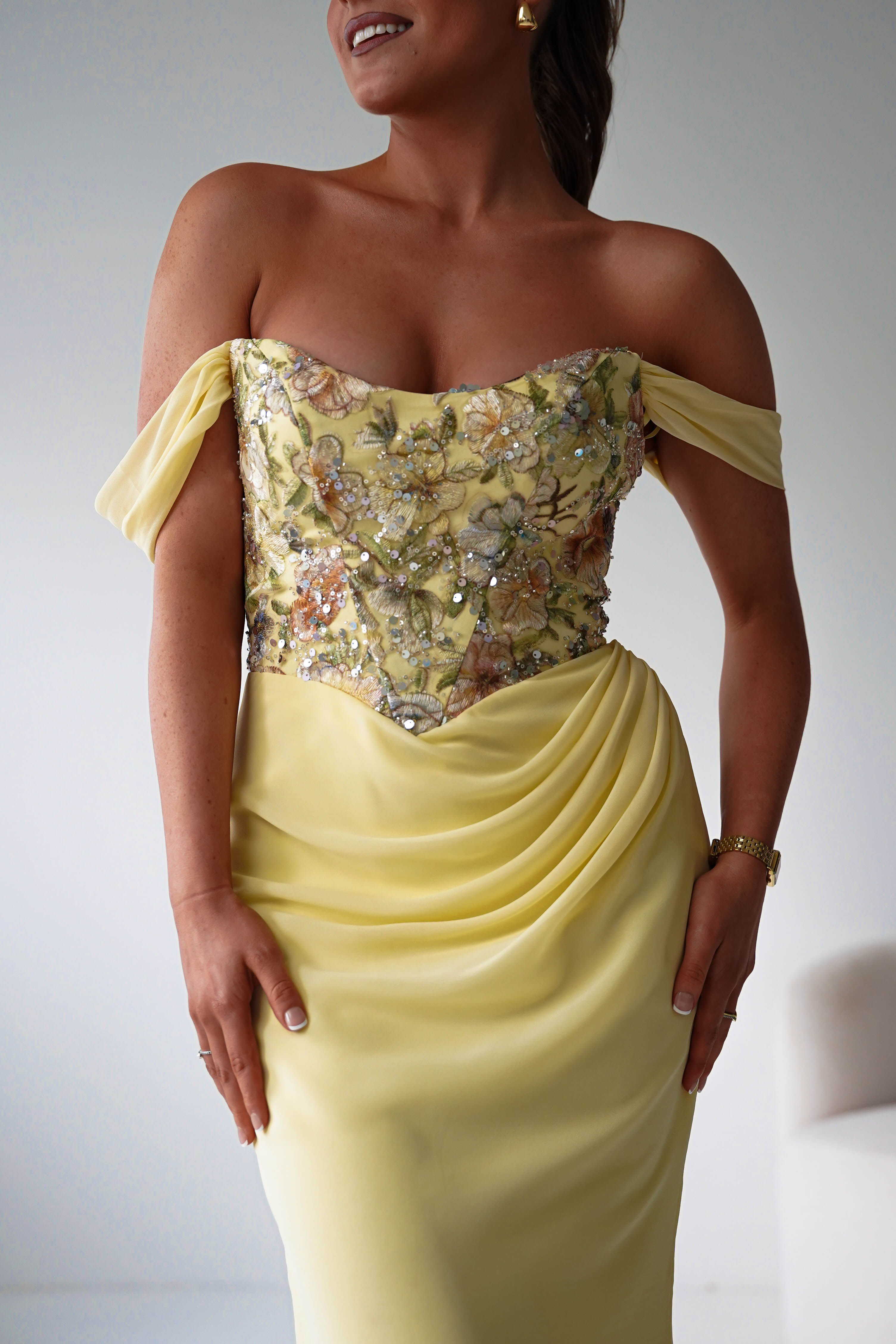 Oh Hello Clothing Dresses > Prom Dresses Honey Embellished Chiffon Gown | Yellow