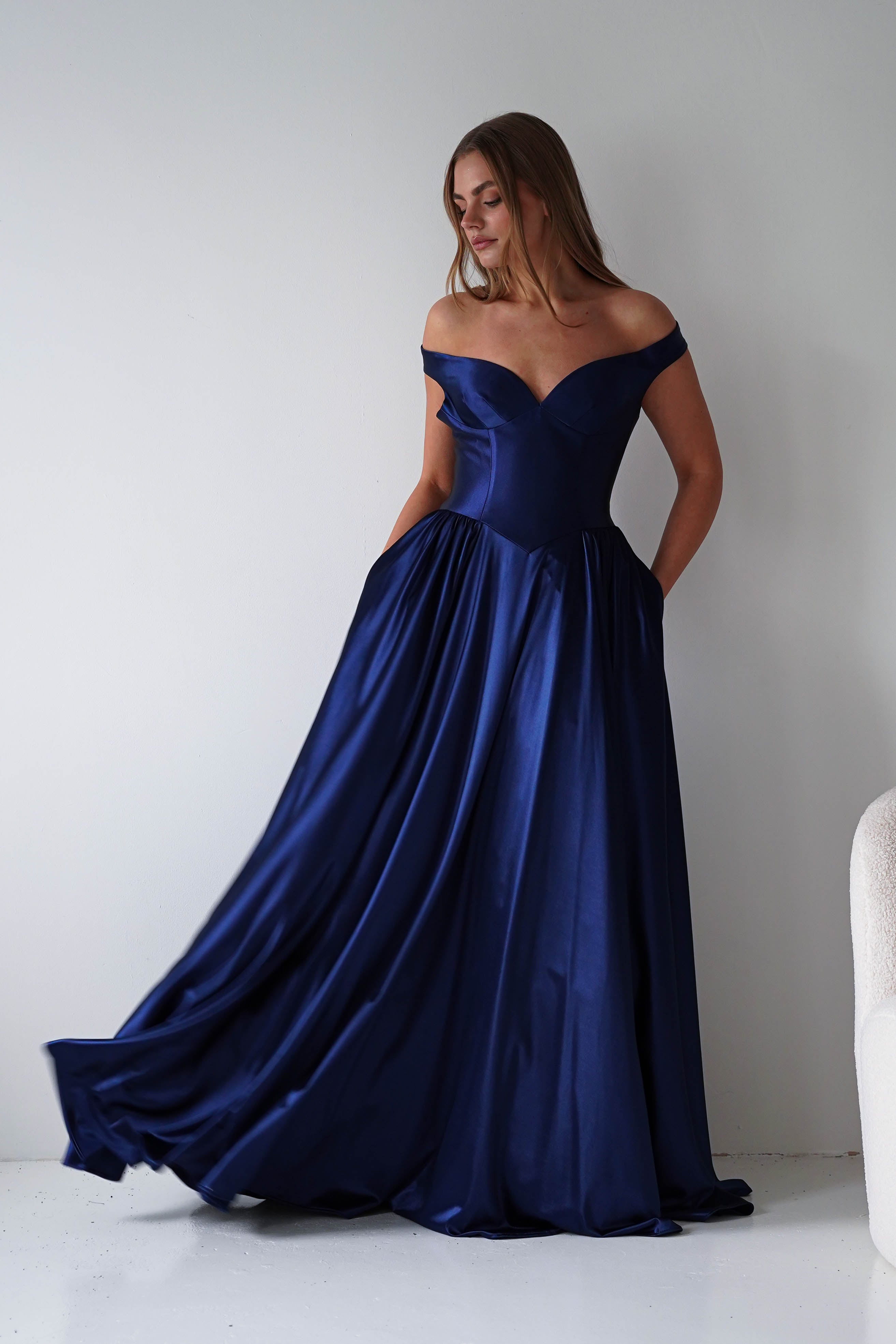 Oh Hello Clothing Dresses > Prom Dresses Irenia Off The Shoulder Structured Maxi Gown | Navy